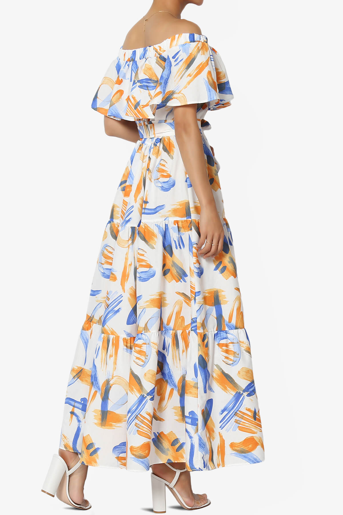 Kenny Ruffle Off Shoulder Printed Woven Long Dress BLUE_4