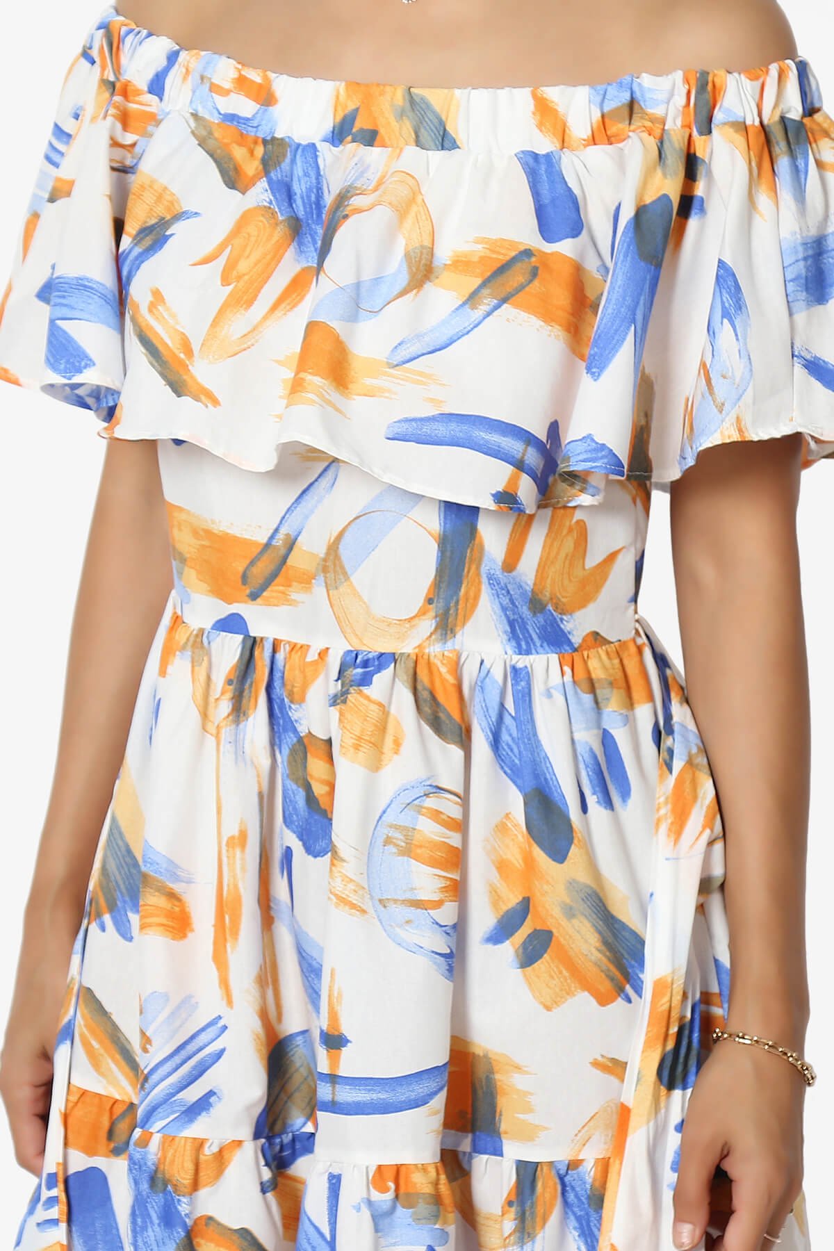 Kenny Ruffle Off Shoulder Printed Woven Long Dress BLUE_5