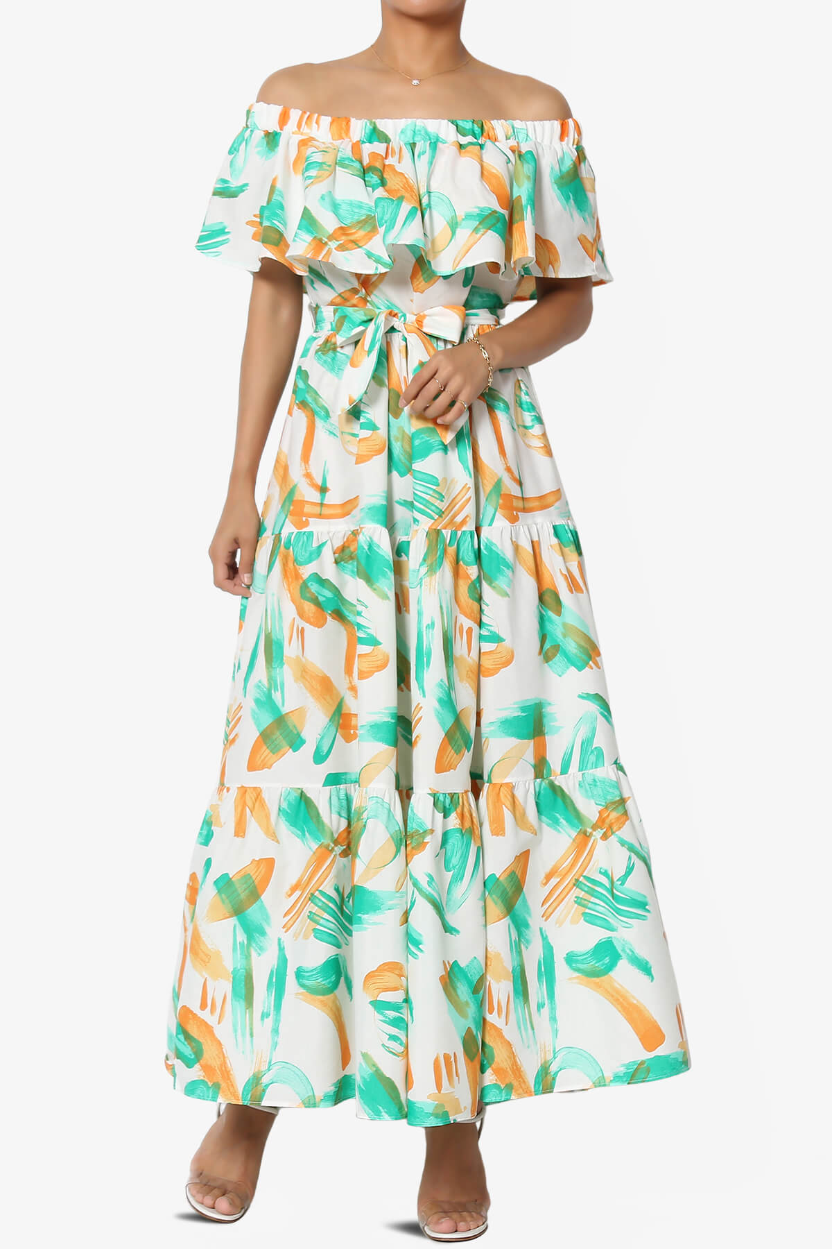 Kenny Ruffle Off Shoulder Printed Woven Long Dress GREEN_1