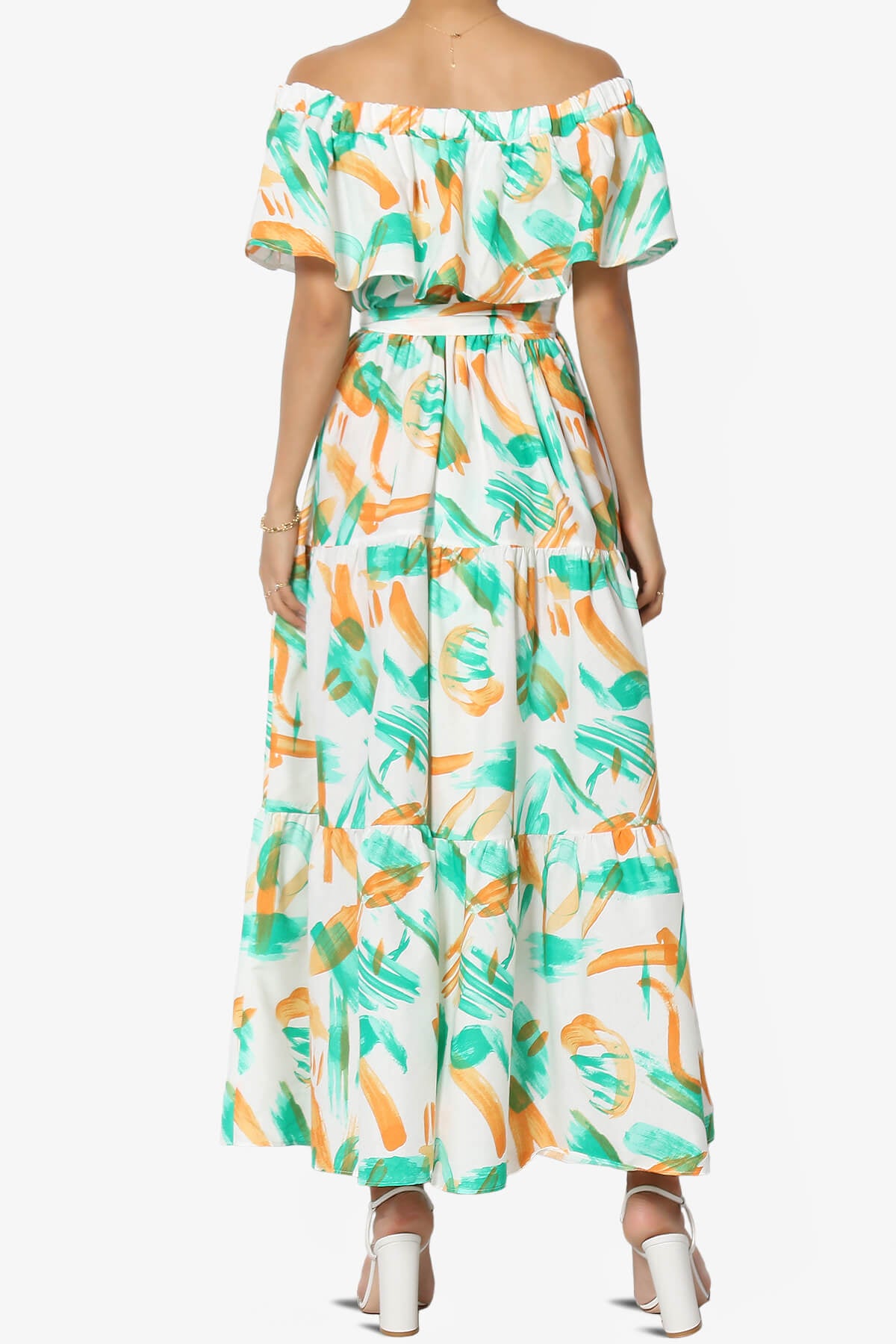 Kenny Ruffle Off Shoulder Printed Woven Long Dress GREEN_2