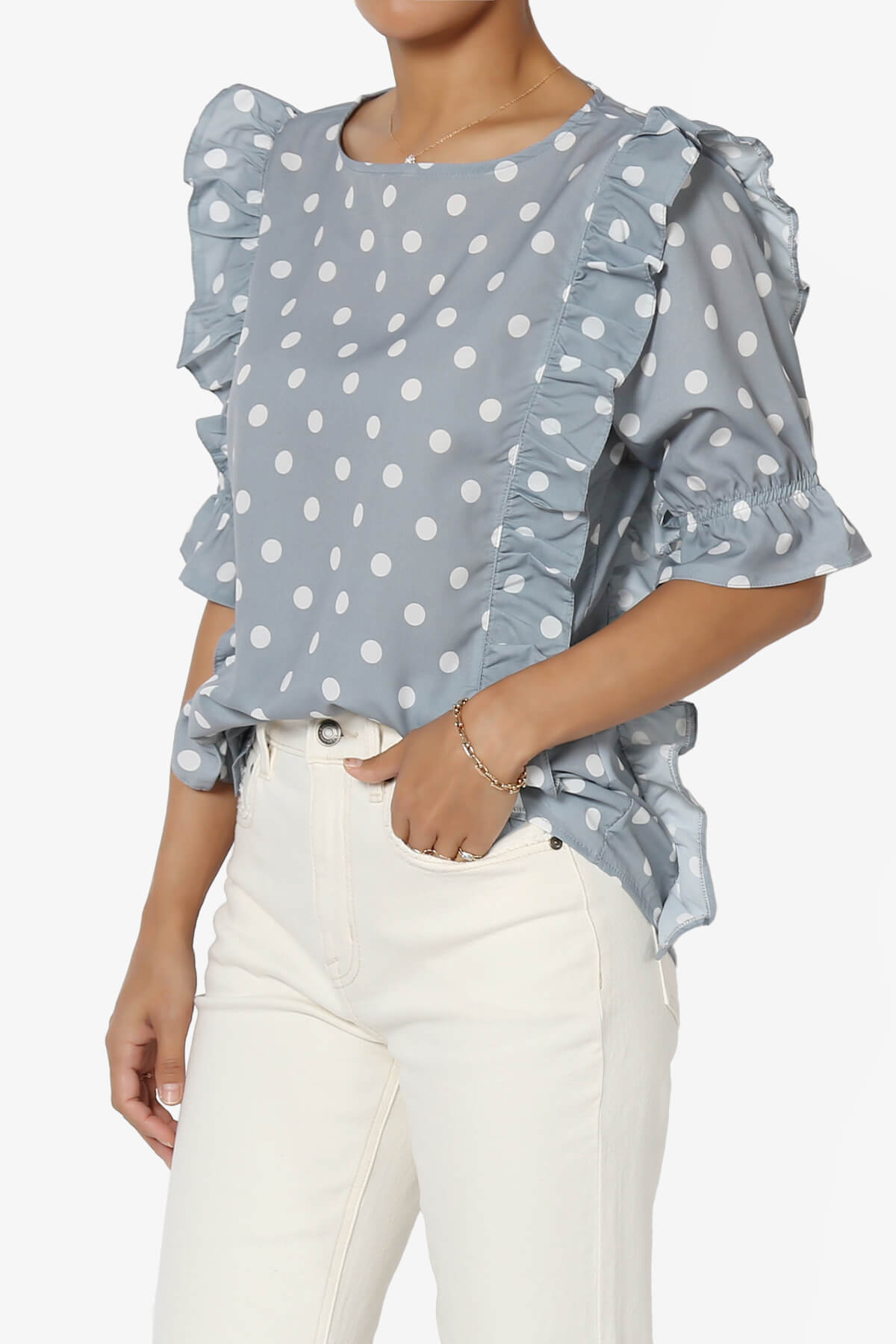 Kiley Polka Dot Ruffle Blouse GREY_3