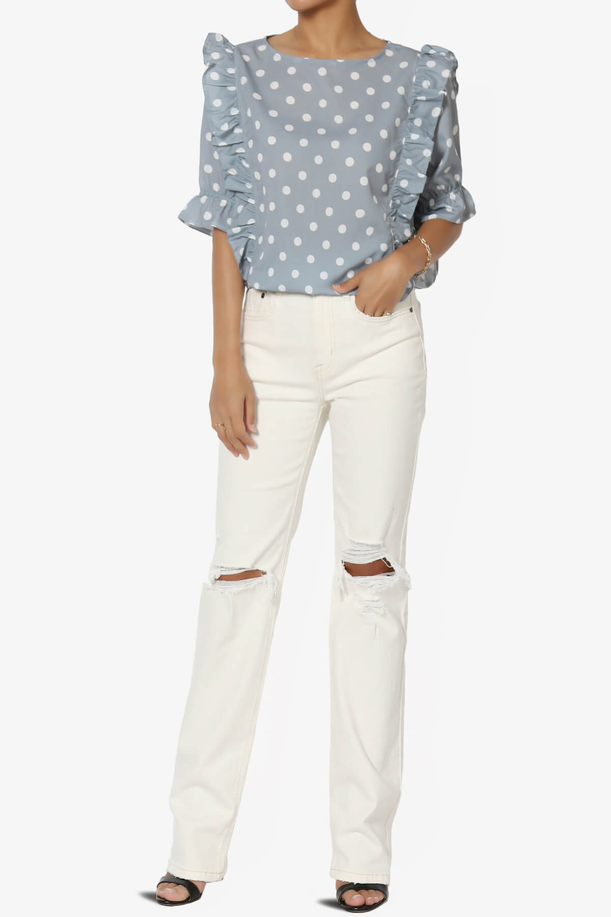 Kiley Polka Dot Ruffle Blouse GREY_6