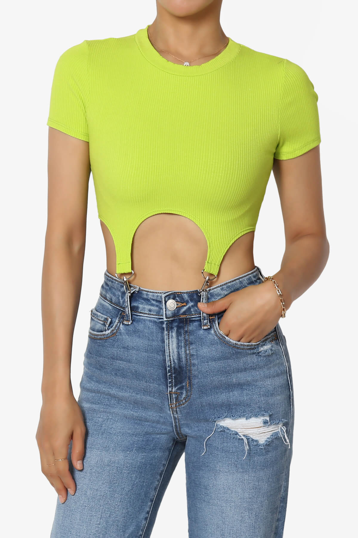 Kinzee Garter Clip Short Sleeve Crop Top LIME_1