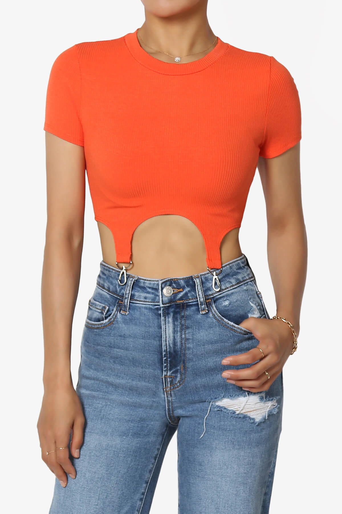 Kinzee Garter Clip Short Sleeve Crop Top ORANGE_1