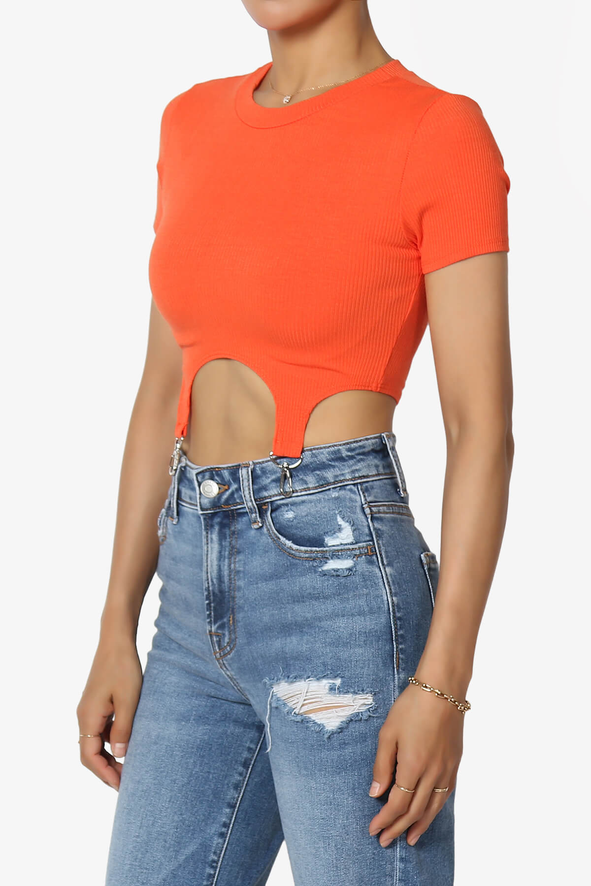 Kinzee Garter Clip Short Sleeve Crop Top ORANGE_3