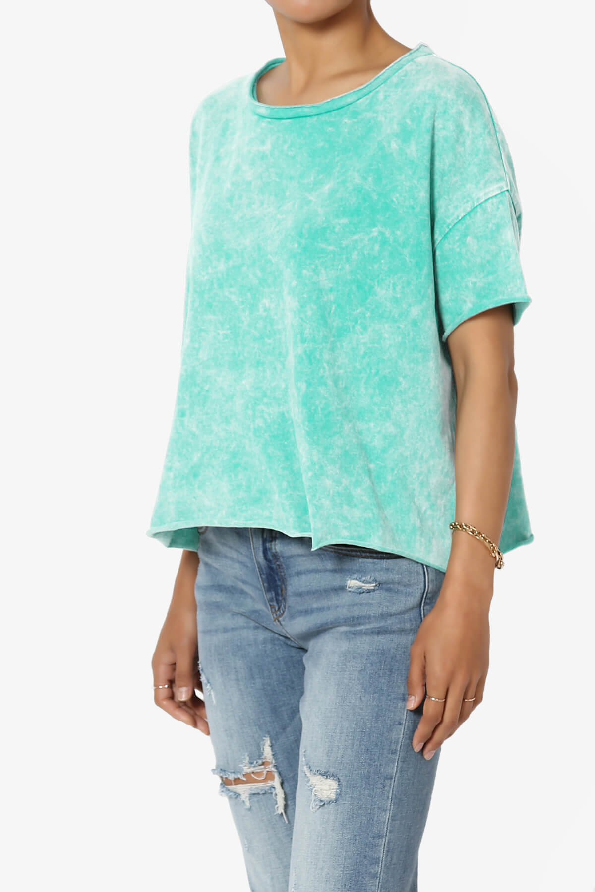 Kiralin Acid Wash Short Sleeve Crop T-Shirt TURQUOISE_3