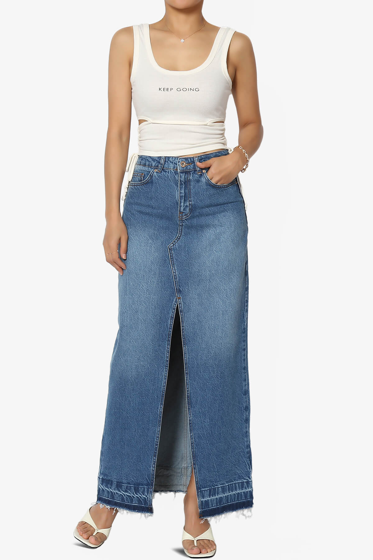 Koton Front Slit Raw Hem Denim Maxi Skirt MEDIUM_6