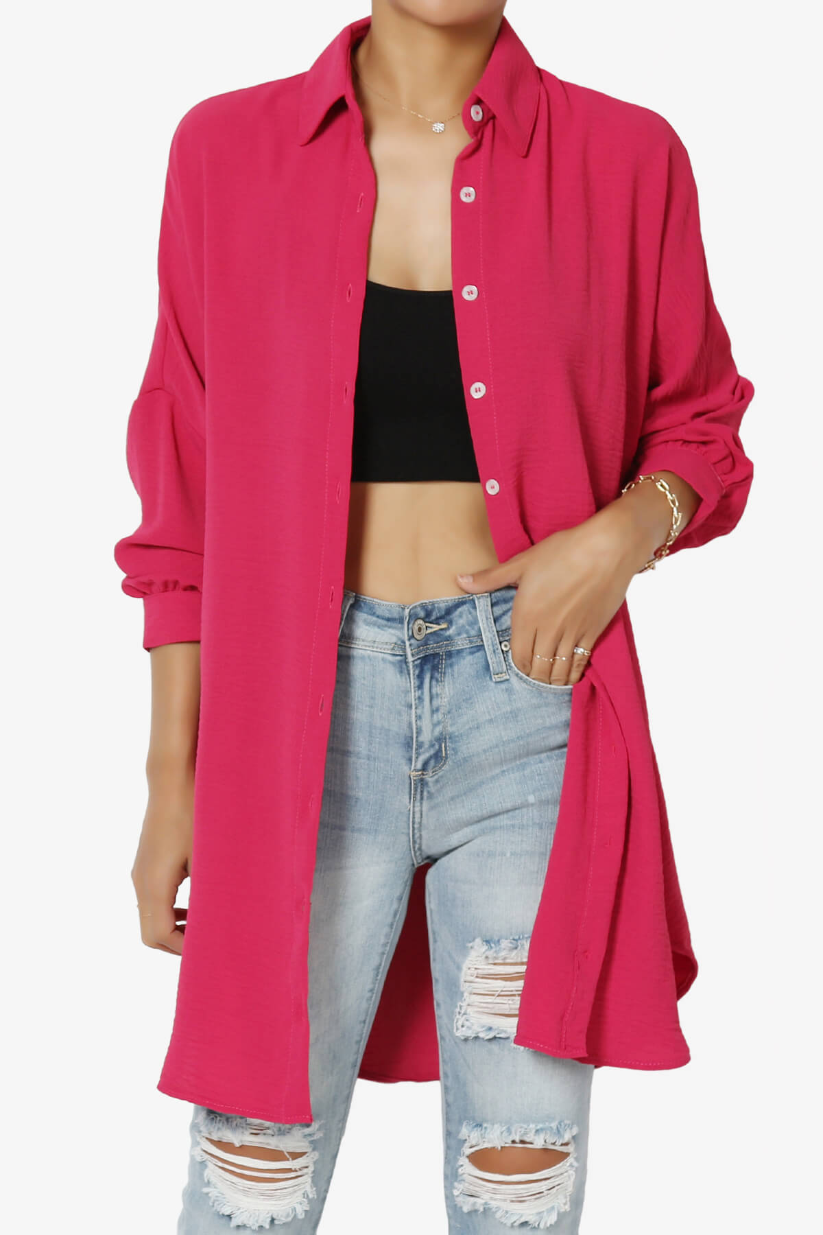Landy Flowy Oversized Button Down Shirt HOT PINK_1
