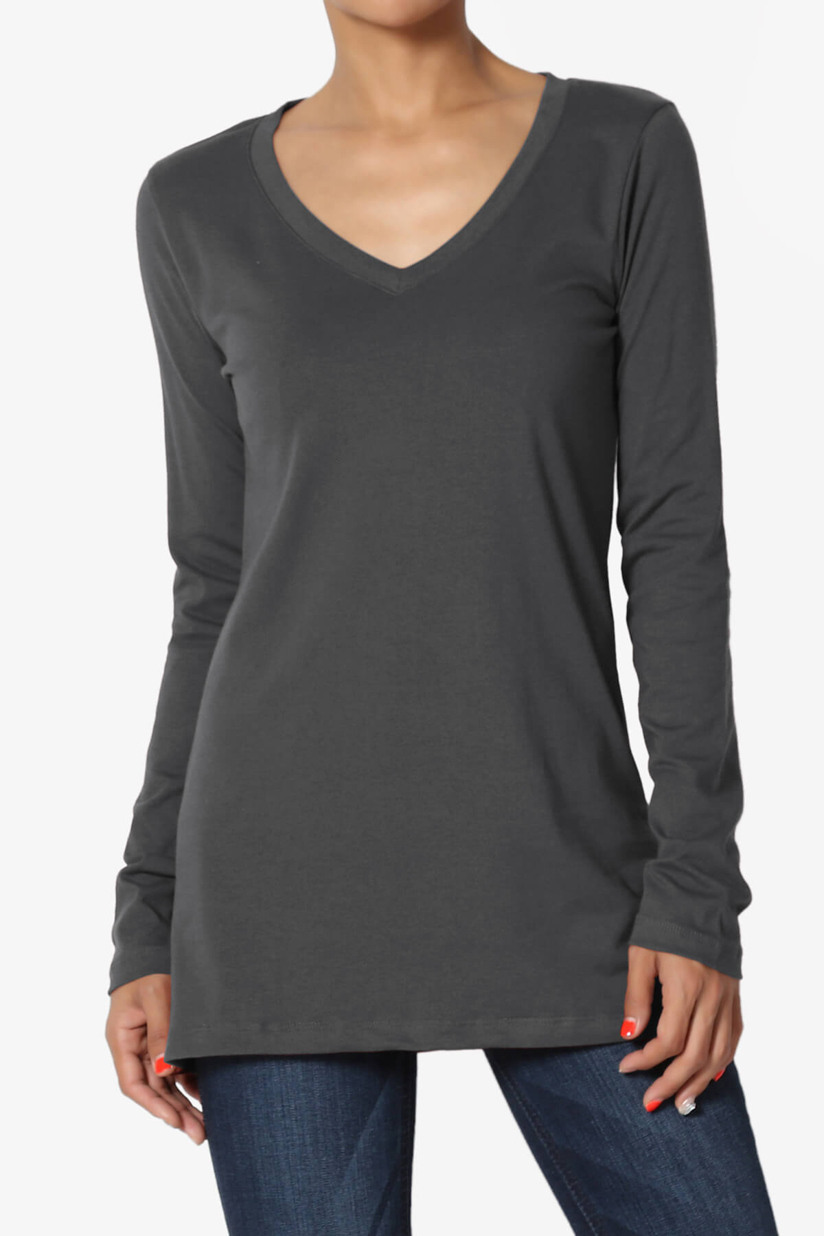 Lasso Cotton V-Neck Long Sleeve Tee ASH GREY_1