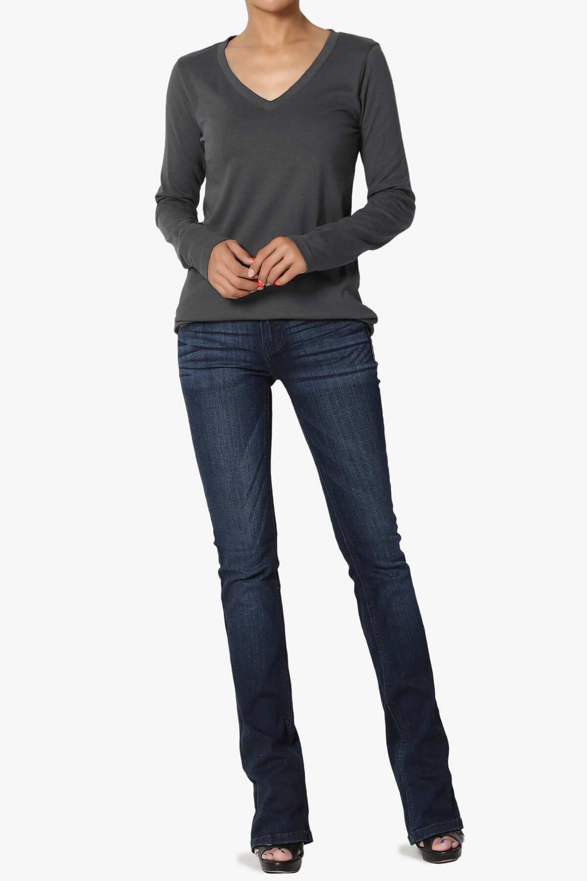 Lasso Cotton V-Neck Long Sleeve Tee ASH GREY_6