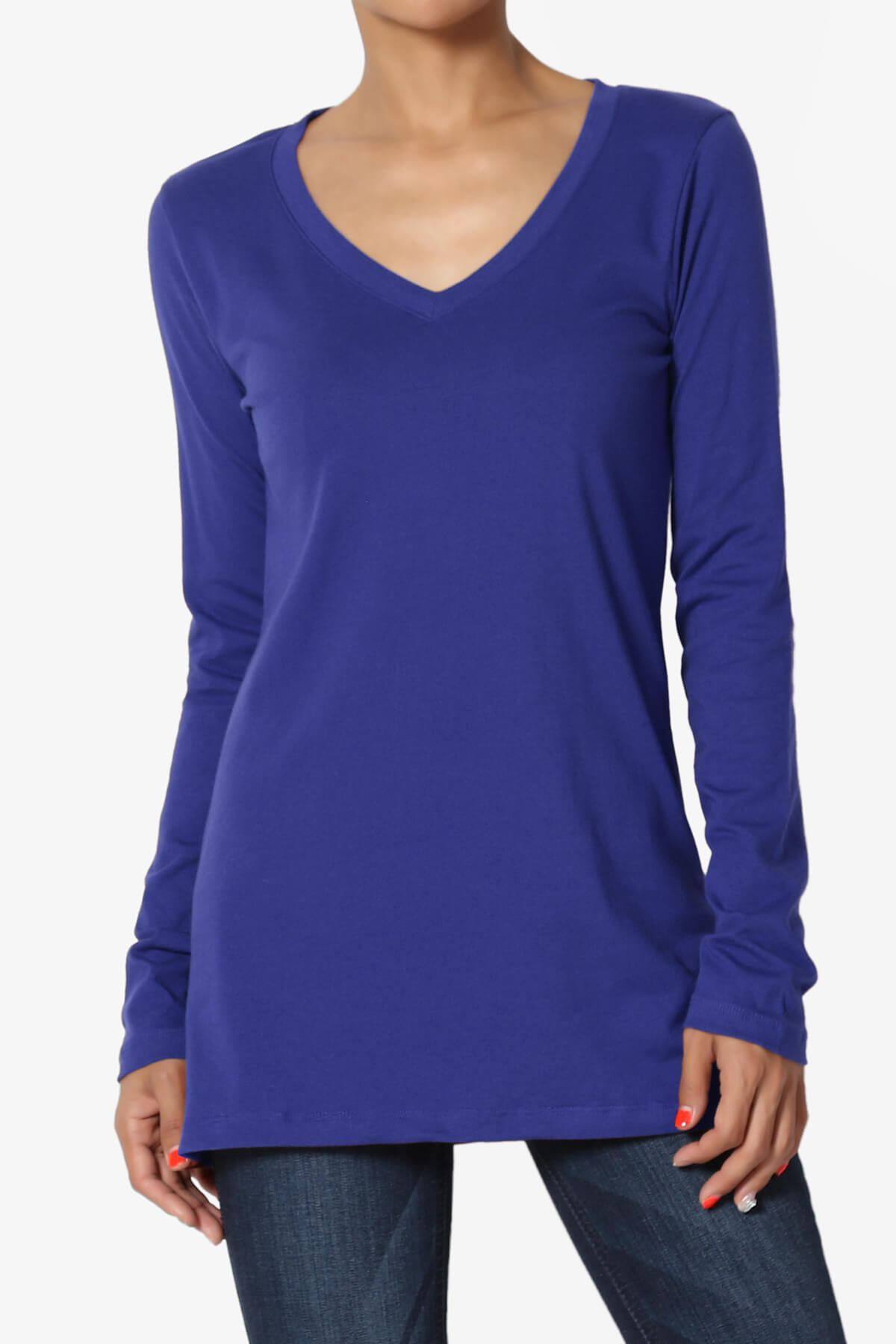 Lasso Cotton V-Neck Long Sleeve Tee BRIGHT BLUE_1