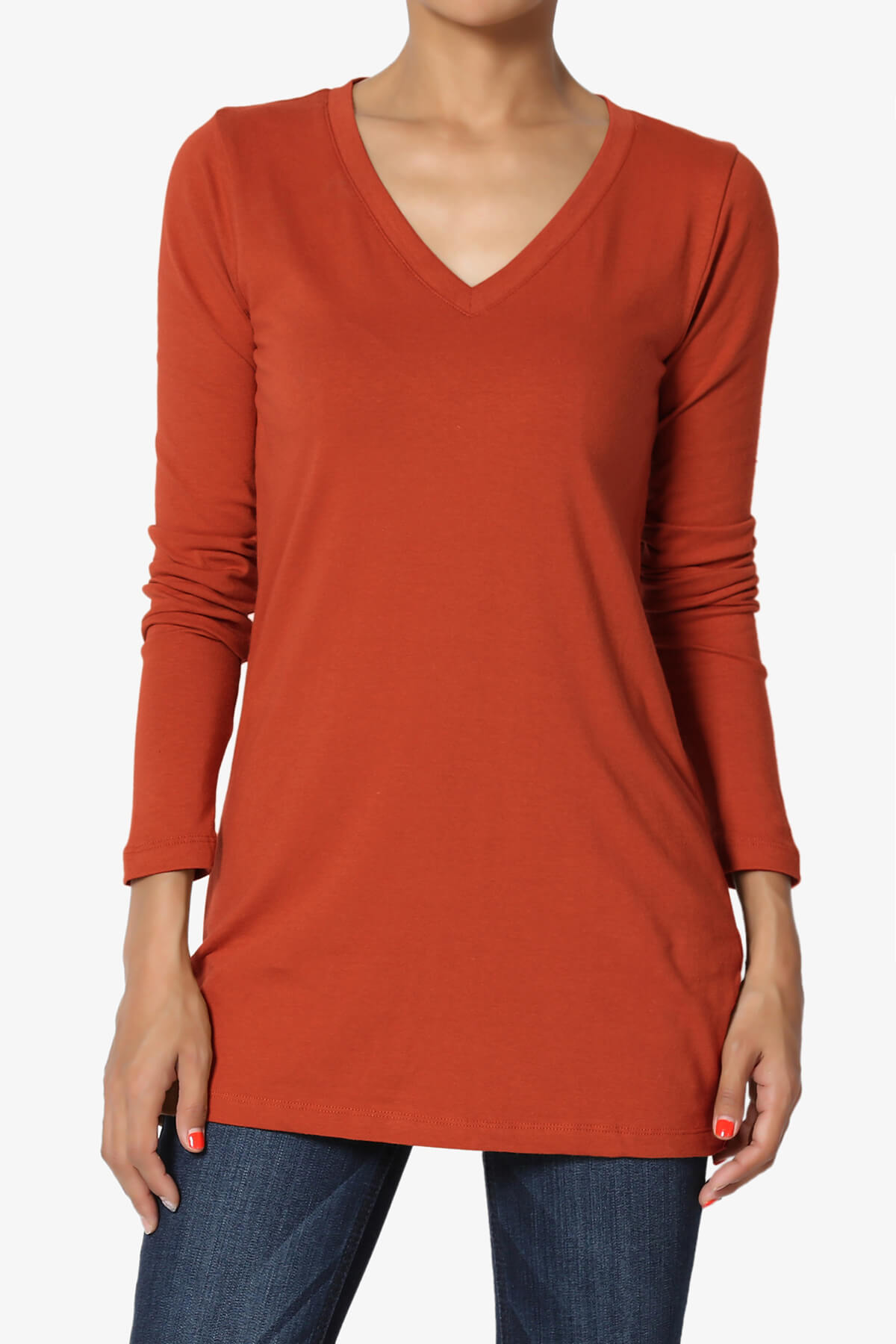 Lasso Cotton V-Neck Long Sleeve Tee COPPER_1