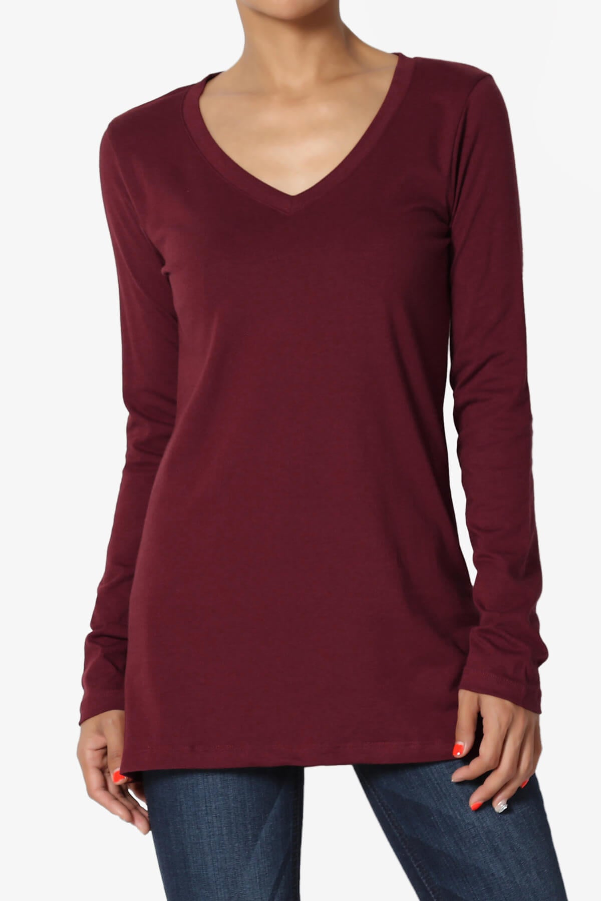 Lasso Cotton V-Neck Long Sleeve Tee DARK BURGUNDY_1