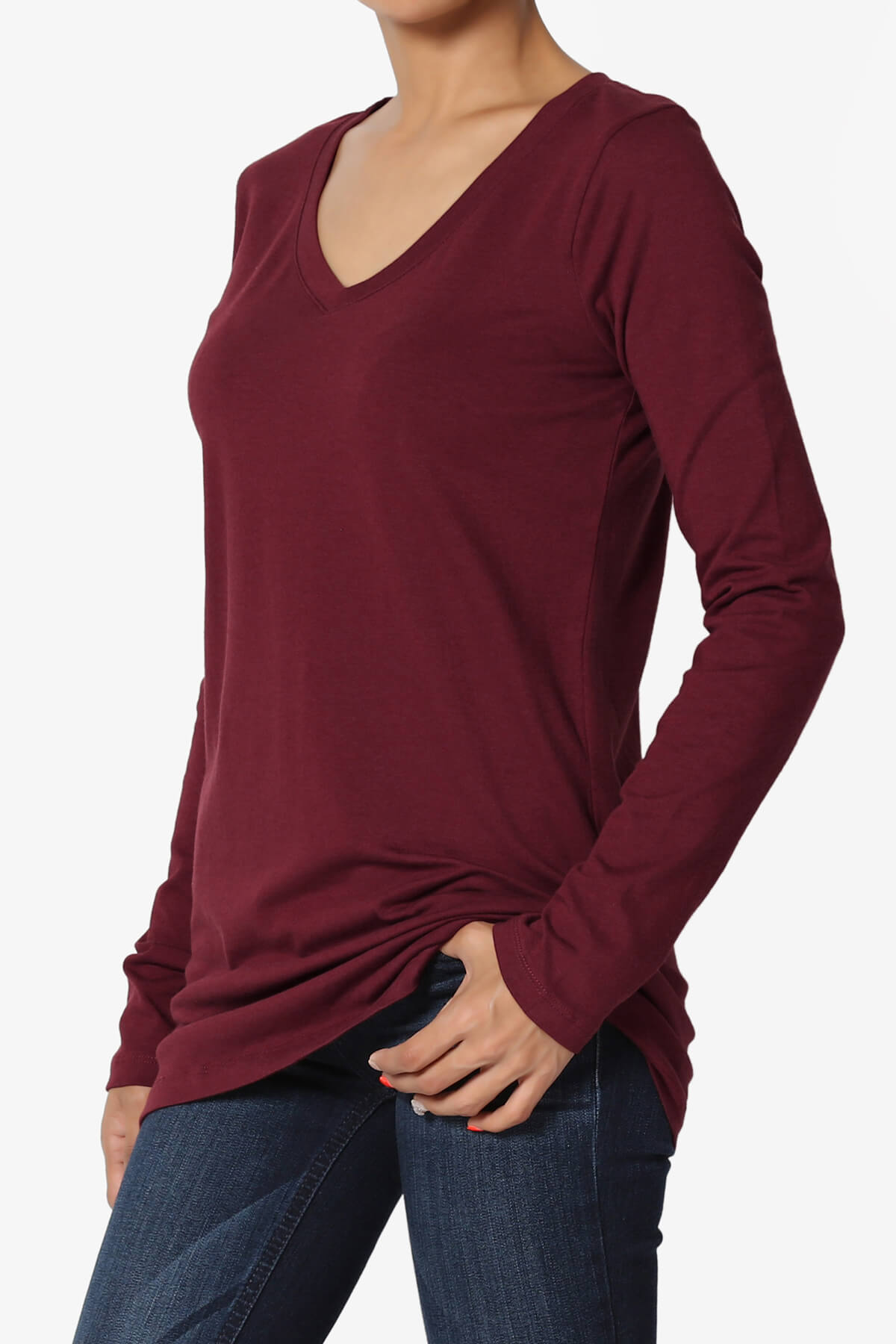 Lasso Cotton V-Neck Long Sleeve Tee DARK BURGUNDY_3