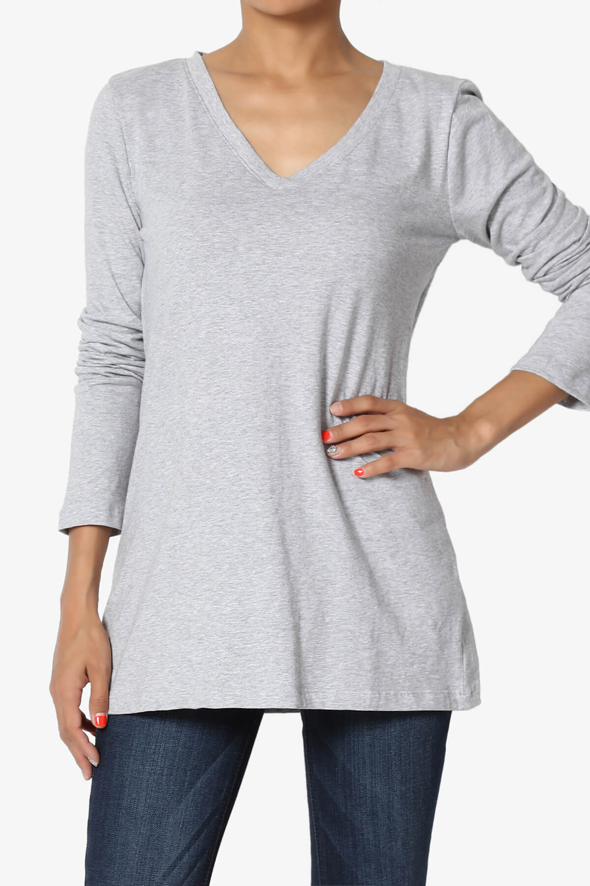 Lasso Cotton V-Neck Long Sleeve Tee HEATHER GREY_1