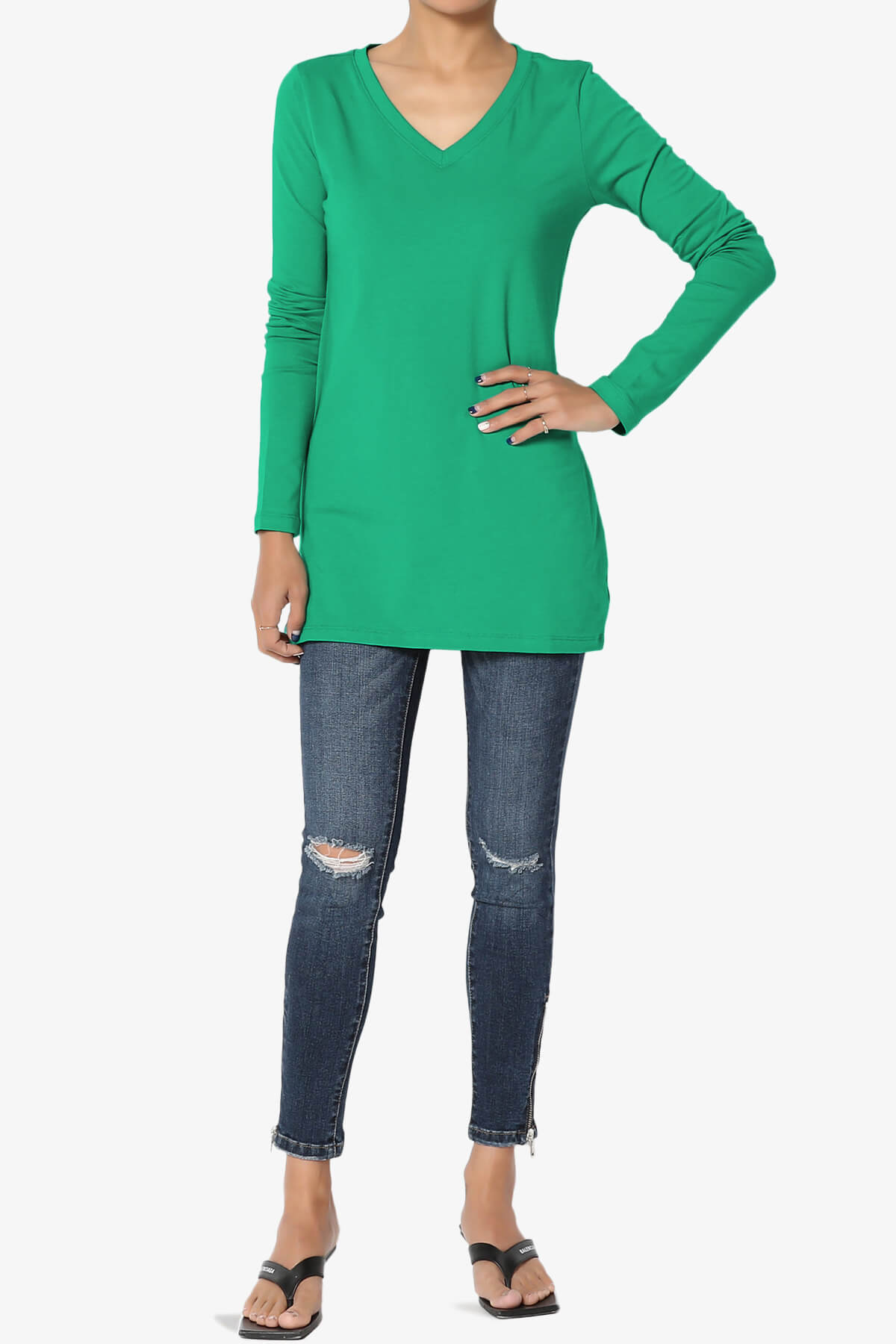 Lasso Cotton V-Neck Long Sleeve Tee KELLY GREEN_6
