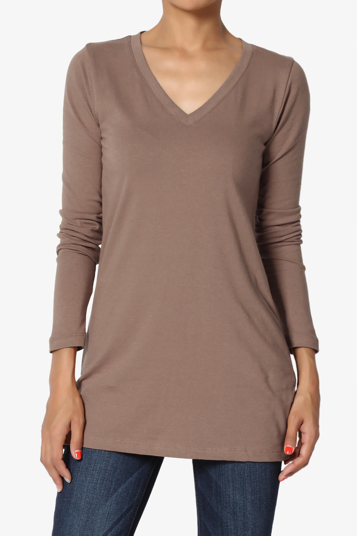 Lasso Cotton V-Neck Long Sleeve Tee MOCHA_1