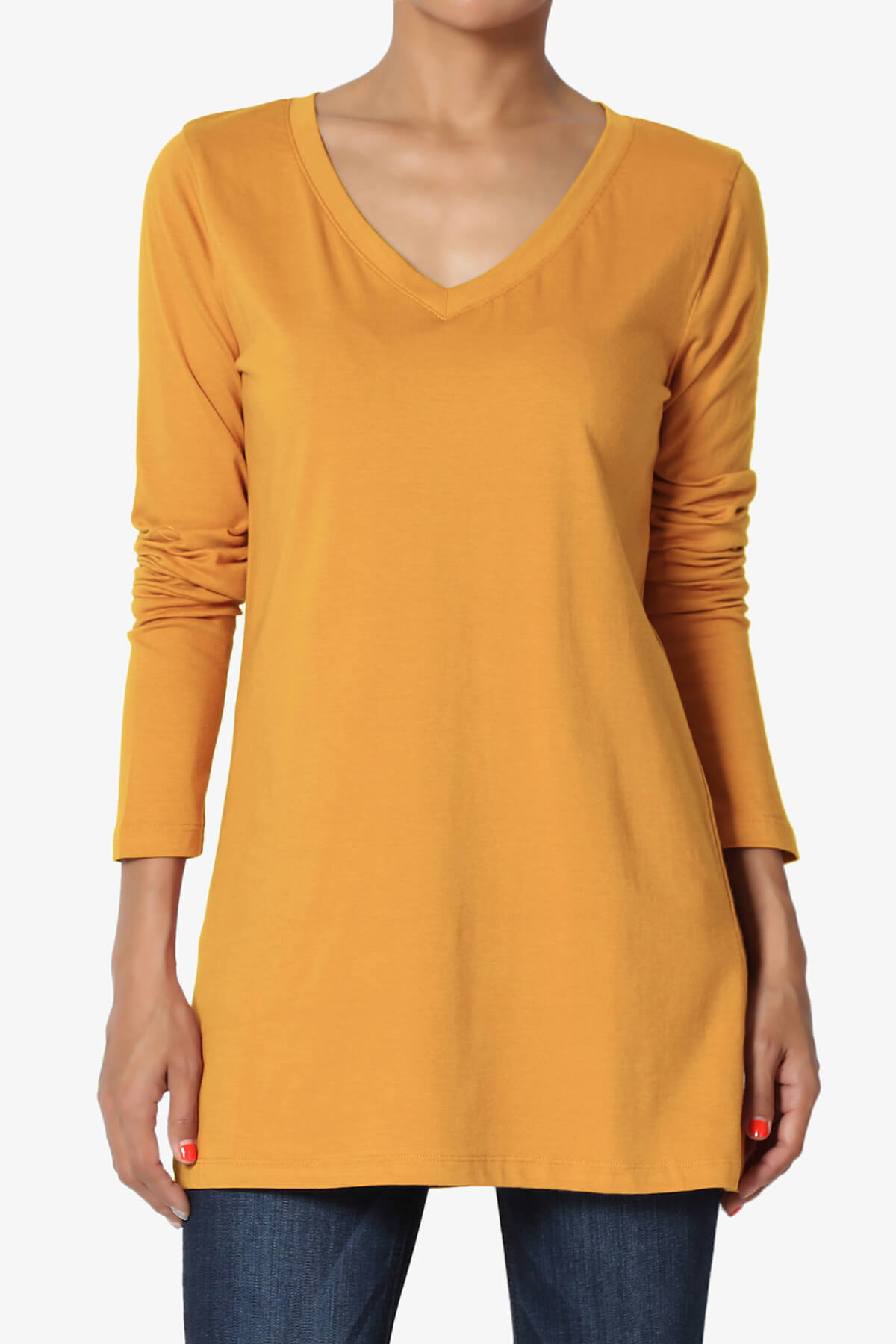 Lasso Cotton V-Neck Long Sleeve Tee MUSTARD_1