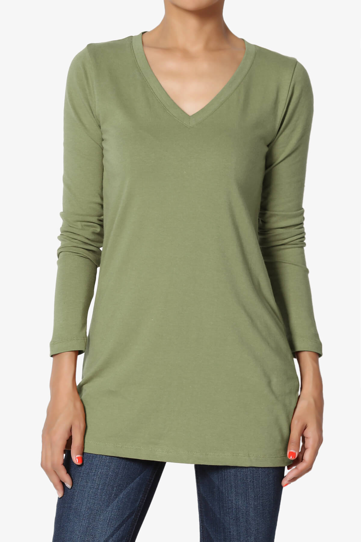 Lasso Cotton V-Neck Long Sleeve Tee OLIVE KHAKI_1