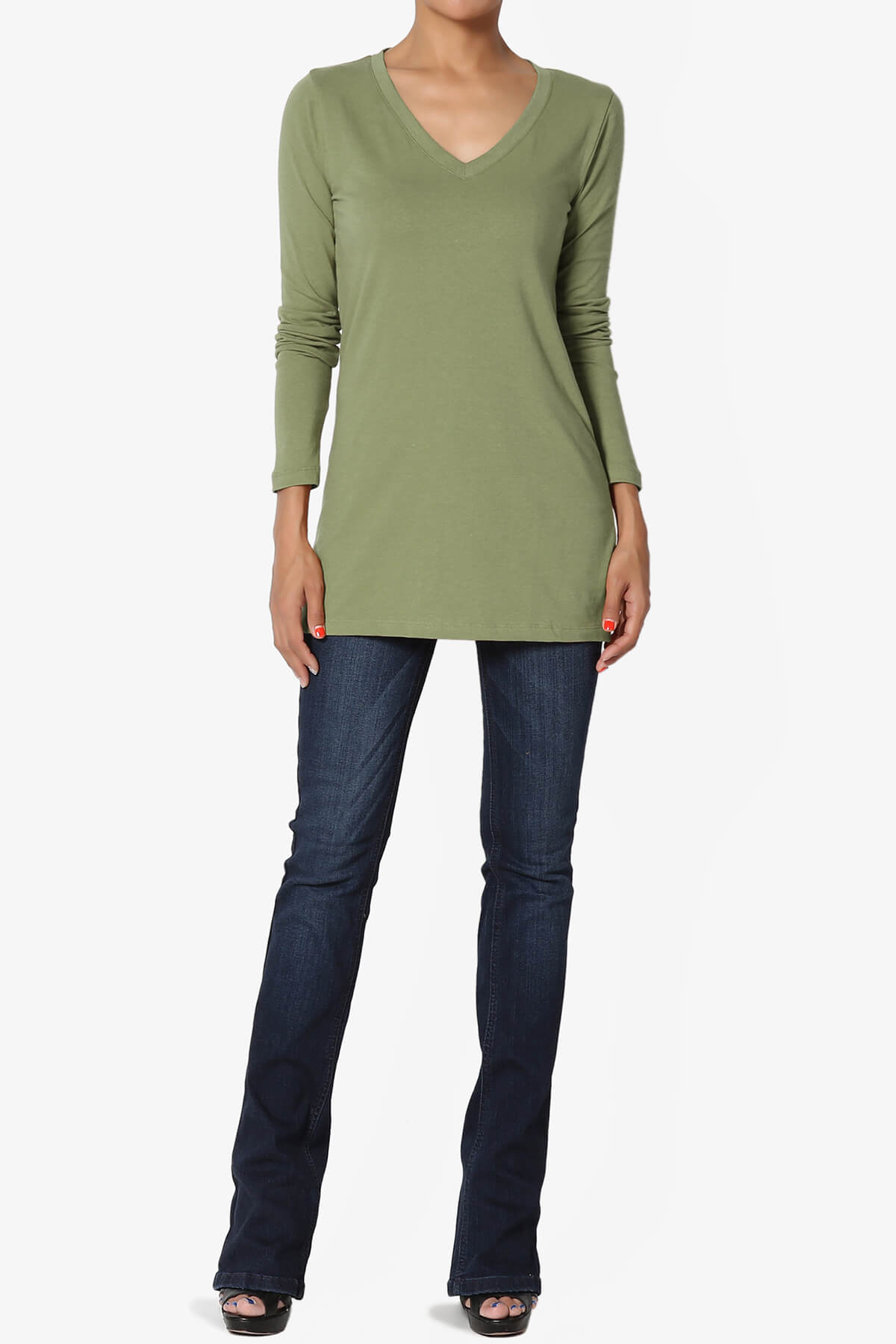 Lasso Cotton V-Neck Long Sleeve Tee OLIVE KHAKI_6