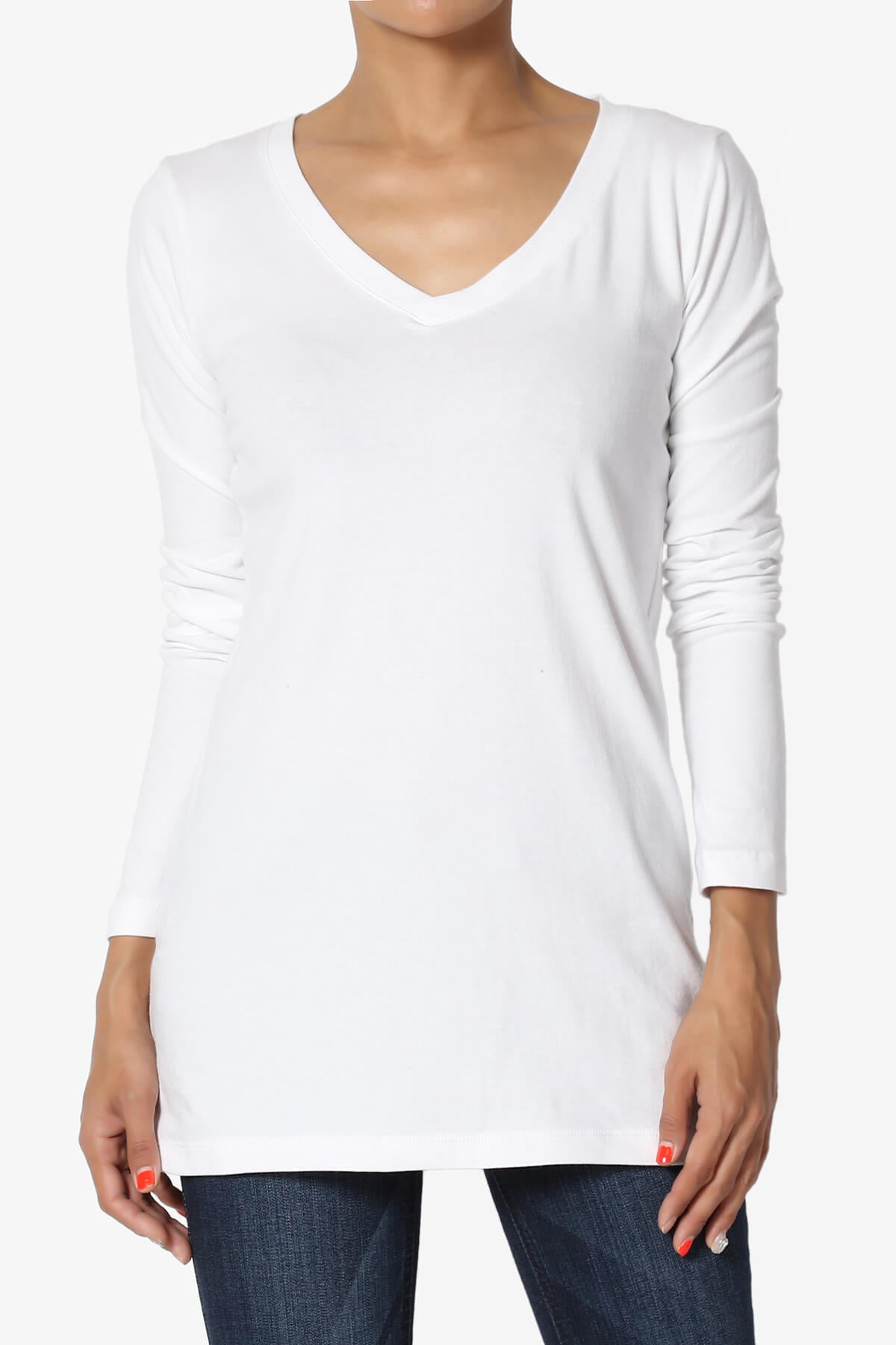 Lasso Cotton V-Neck Long Sleeve Tee WHITE_1