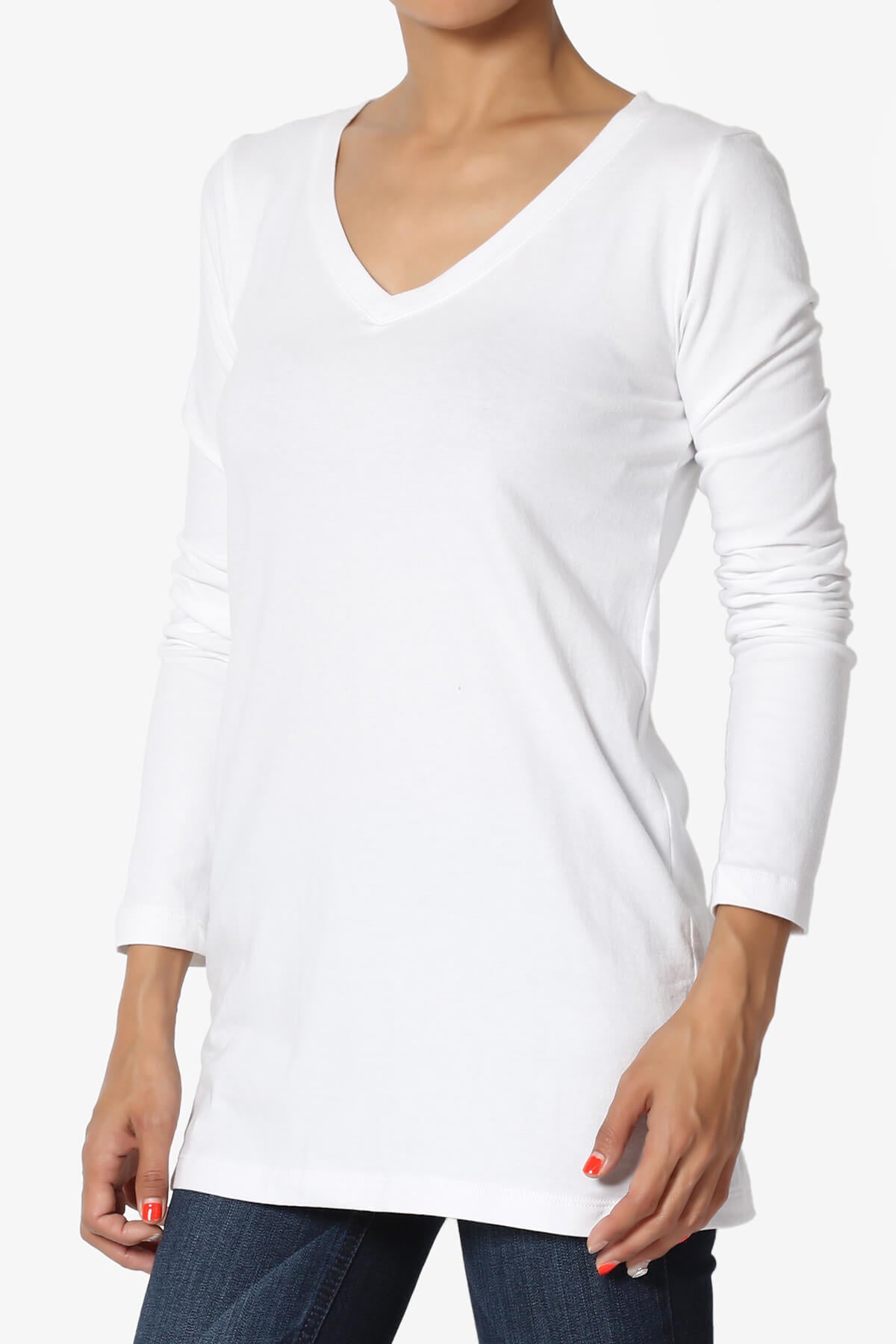 Lasso Cotton V-Neck Long Sleeve Tee WHITE_5