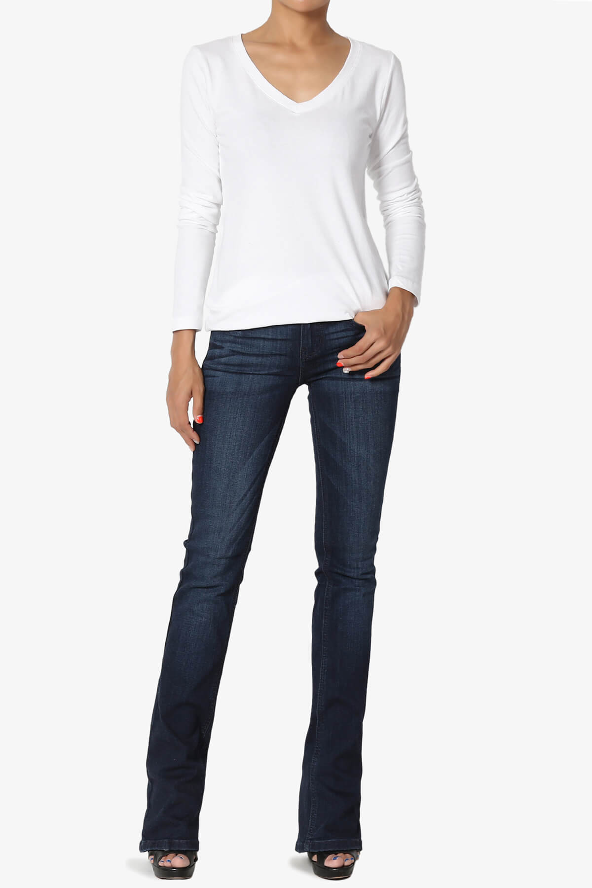 Lasso Cotton V-Neck Long Sleeve Tee WHITE_6