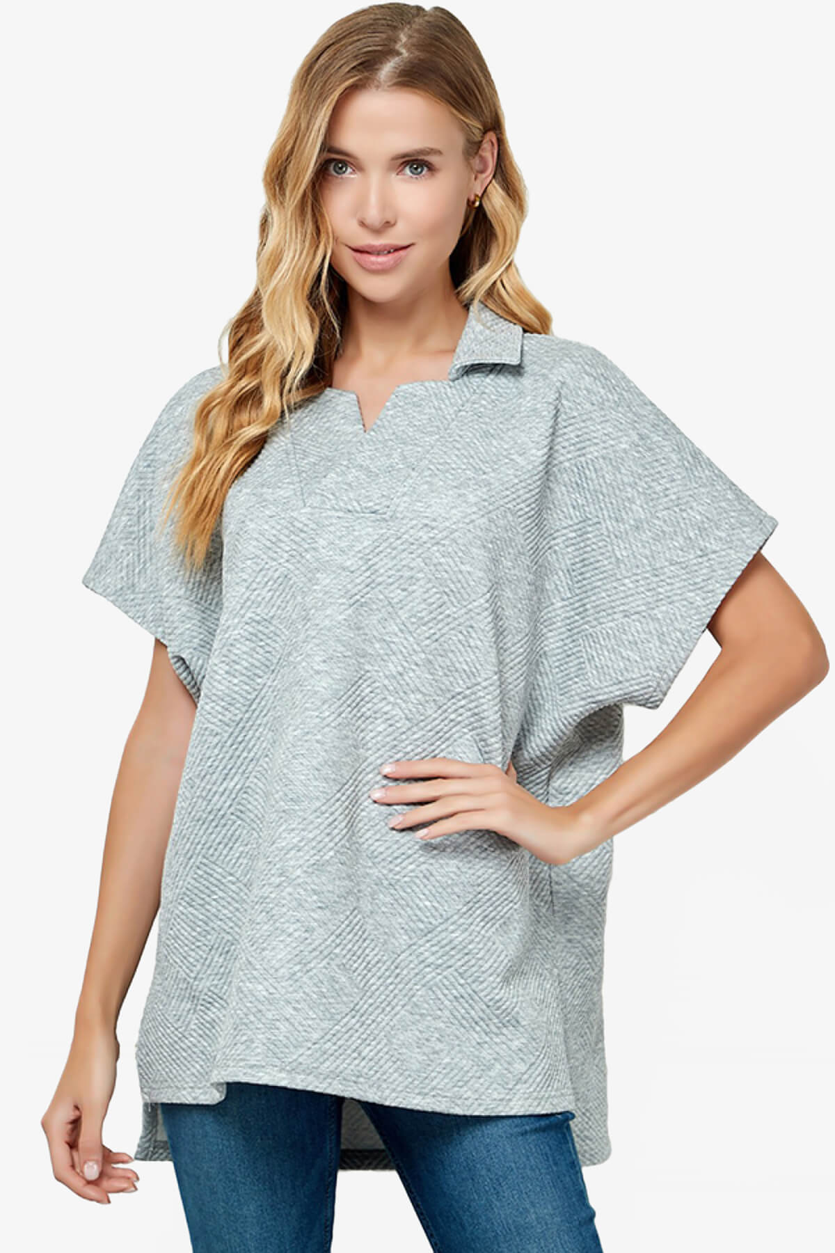Lassy Short Sleeve Textured Polo Sweatshirt GREY_1
