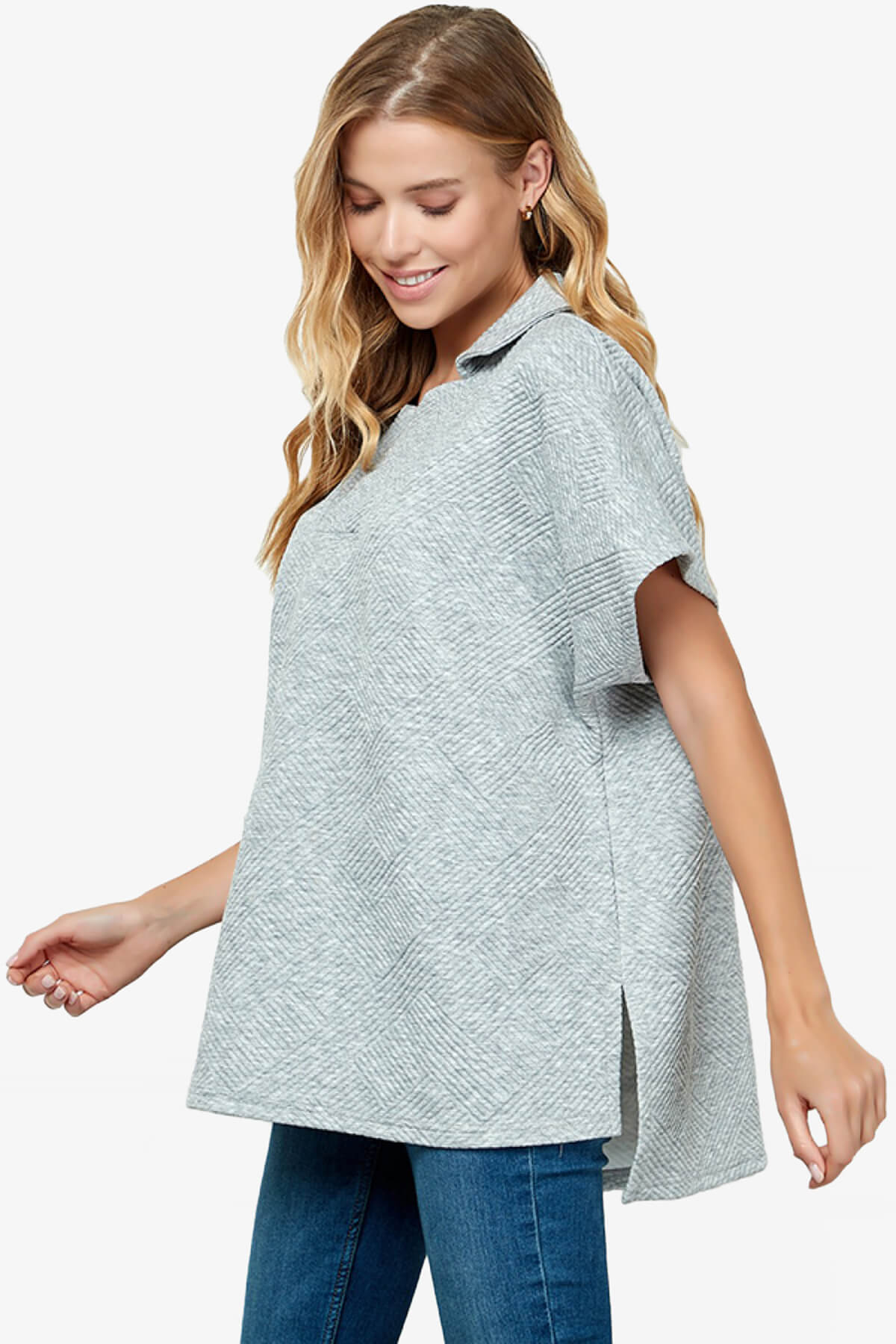 Lassy Short Sleeve Textured Polo Sweatshirt GREY_3