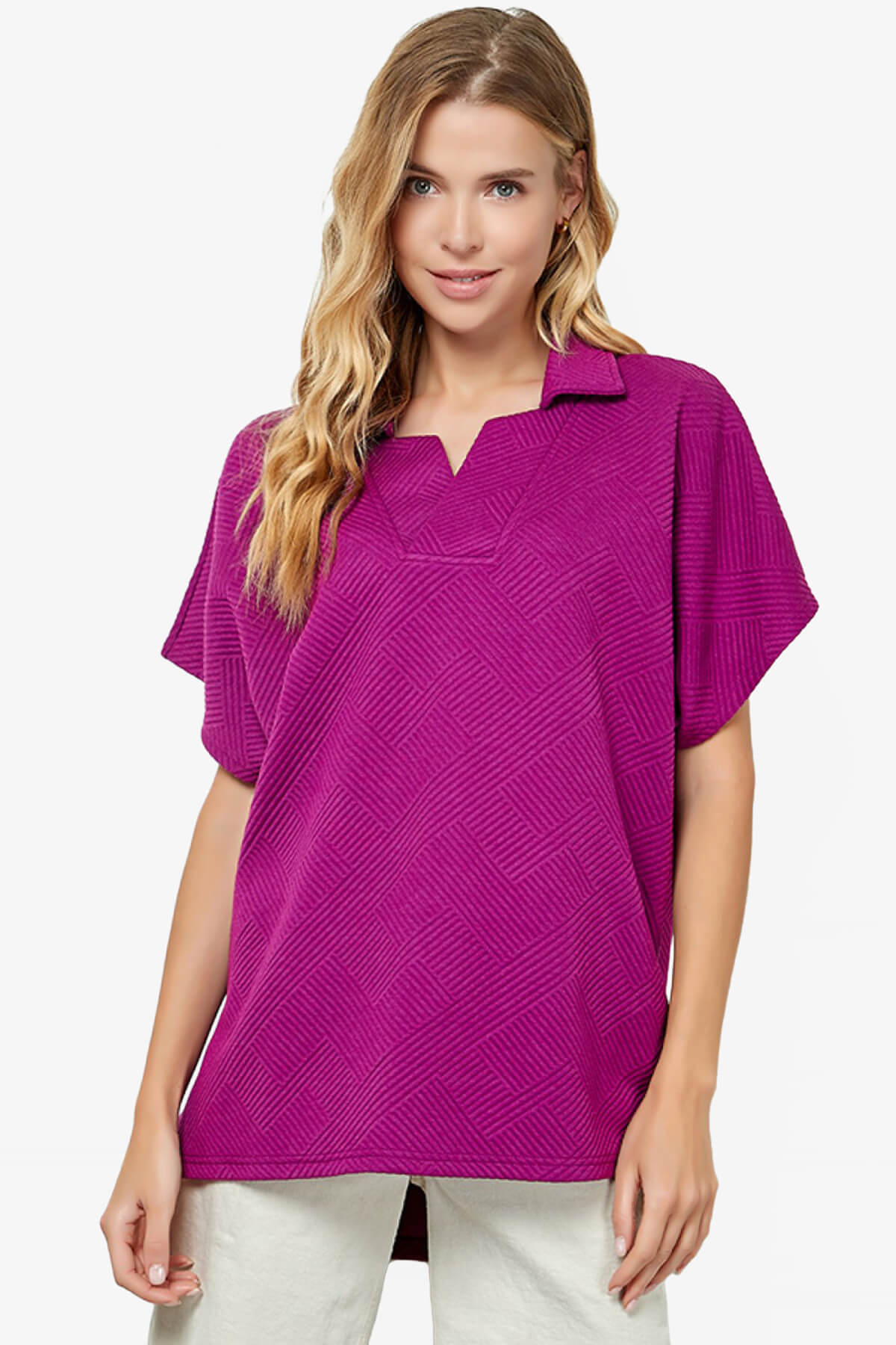 Lassy Short Sleeve Textured Polo Sweatshirt MAGENTA_1