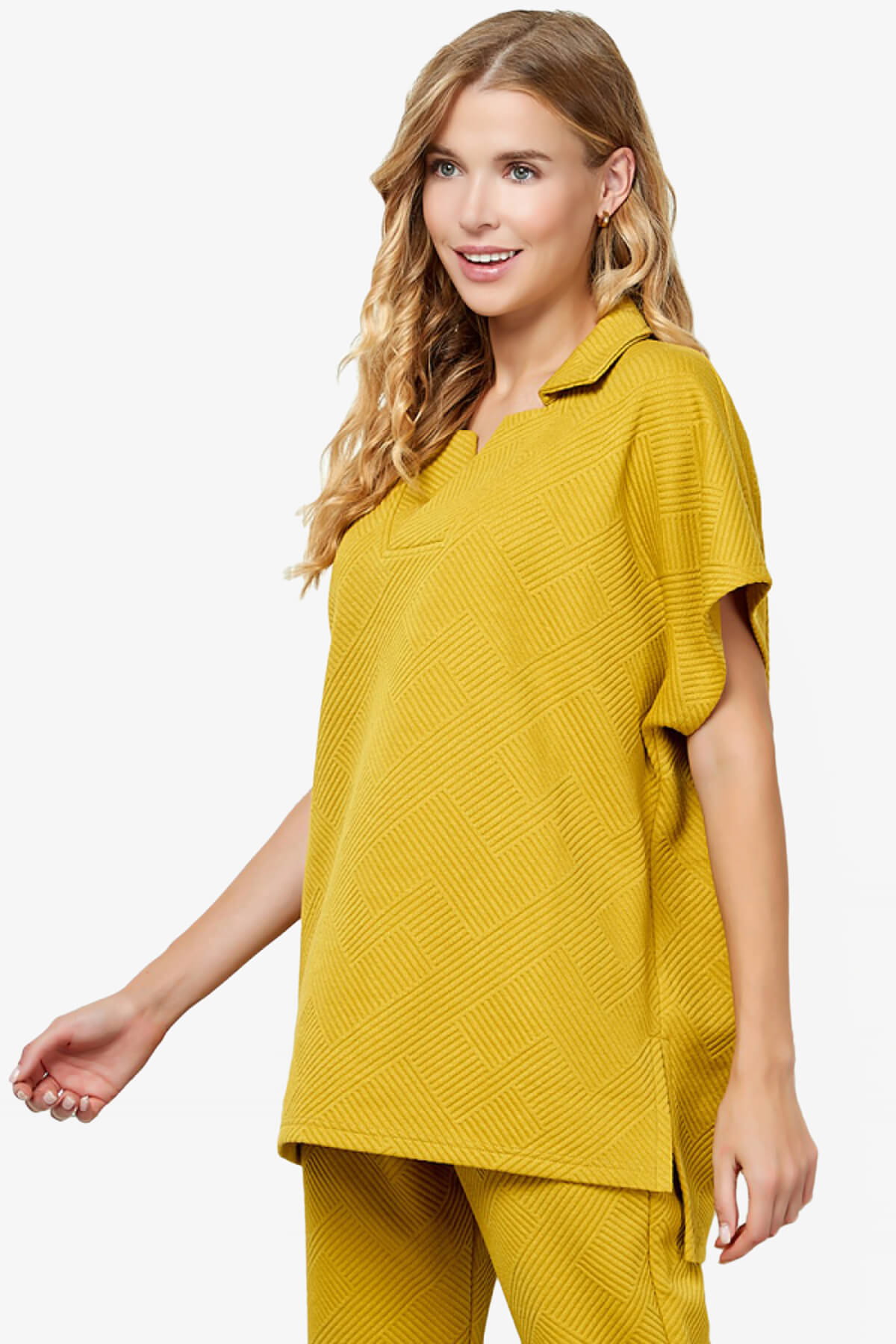 Lassy Short Sleeve Textured Polo Sweatshirt MUSTARD_3