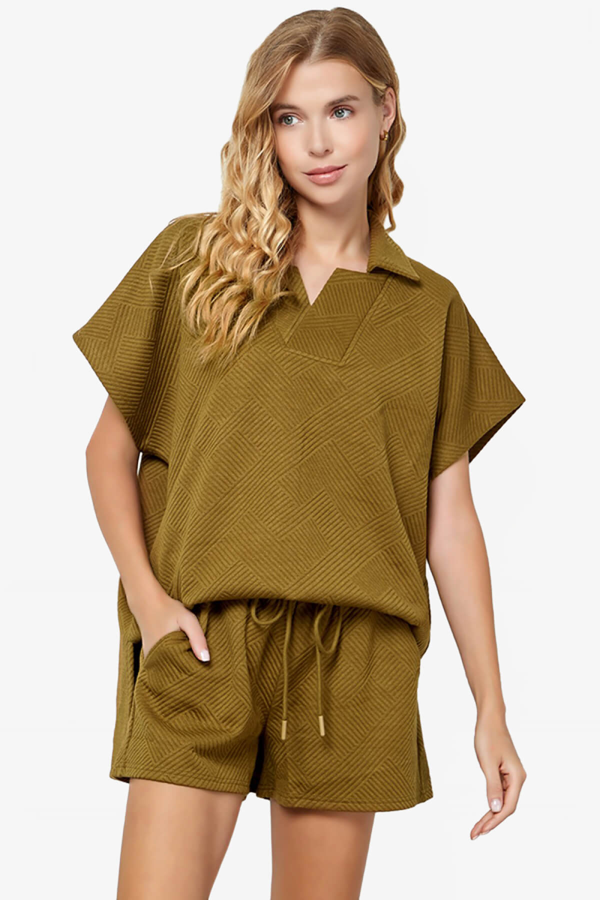 Lassy Short Sleeve Textured Polo Sweatshirt OLIVE_1