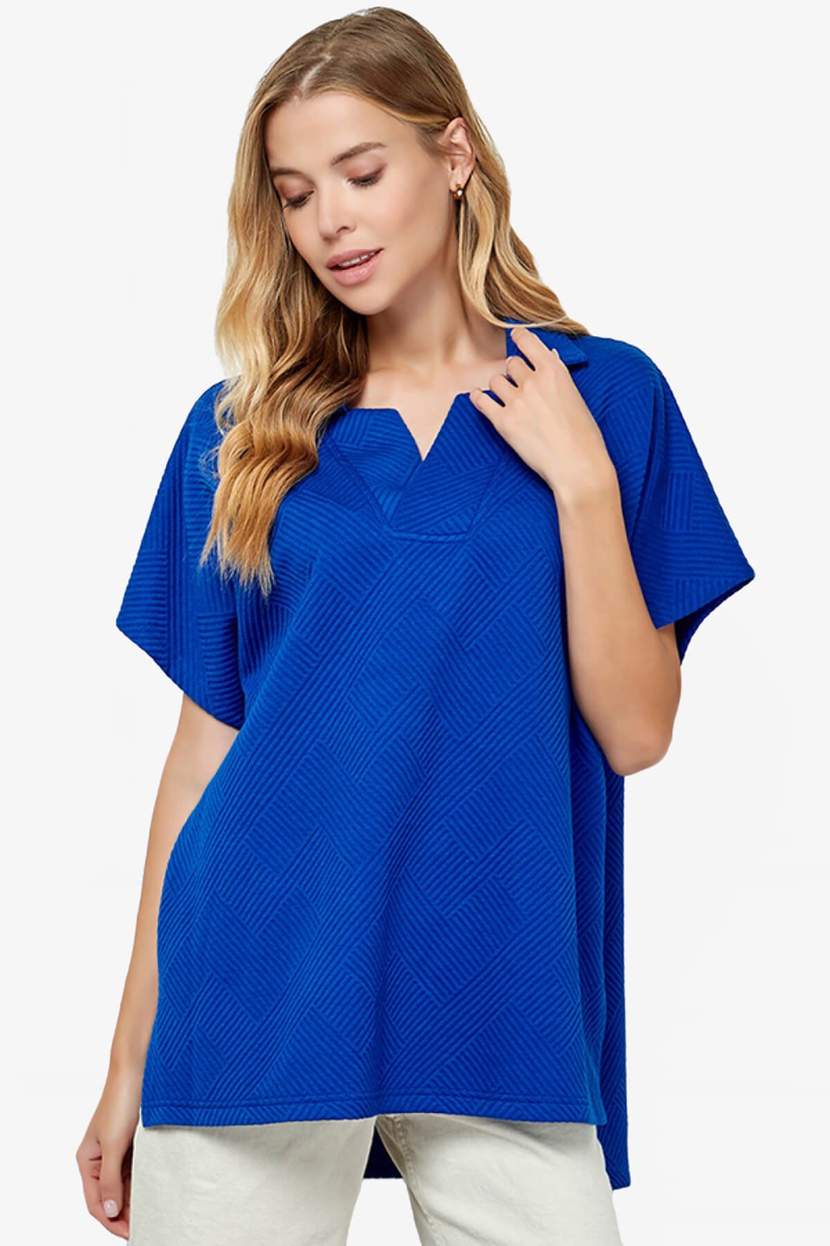 Lassy Short Sleeve Textured Polo Sweatshirt ROYAL BLUE_1