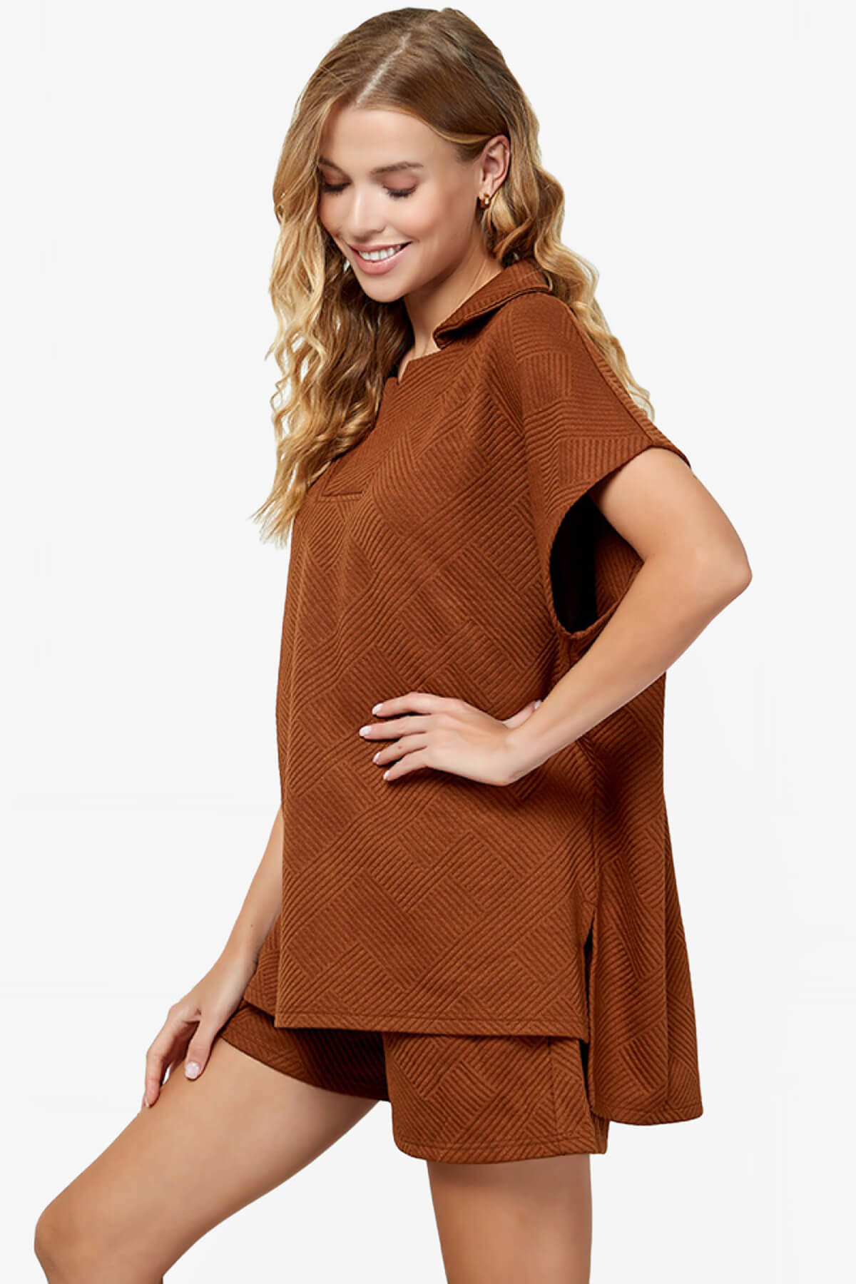 Lassy Short Sleeve Textured Polo Sweatshirt RUST_3