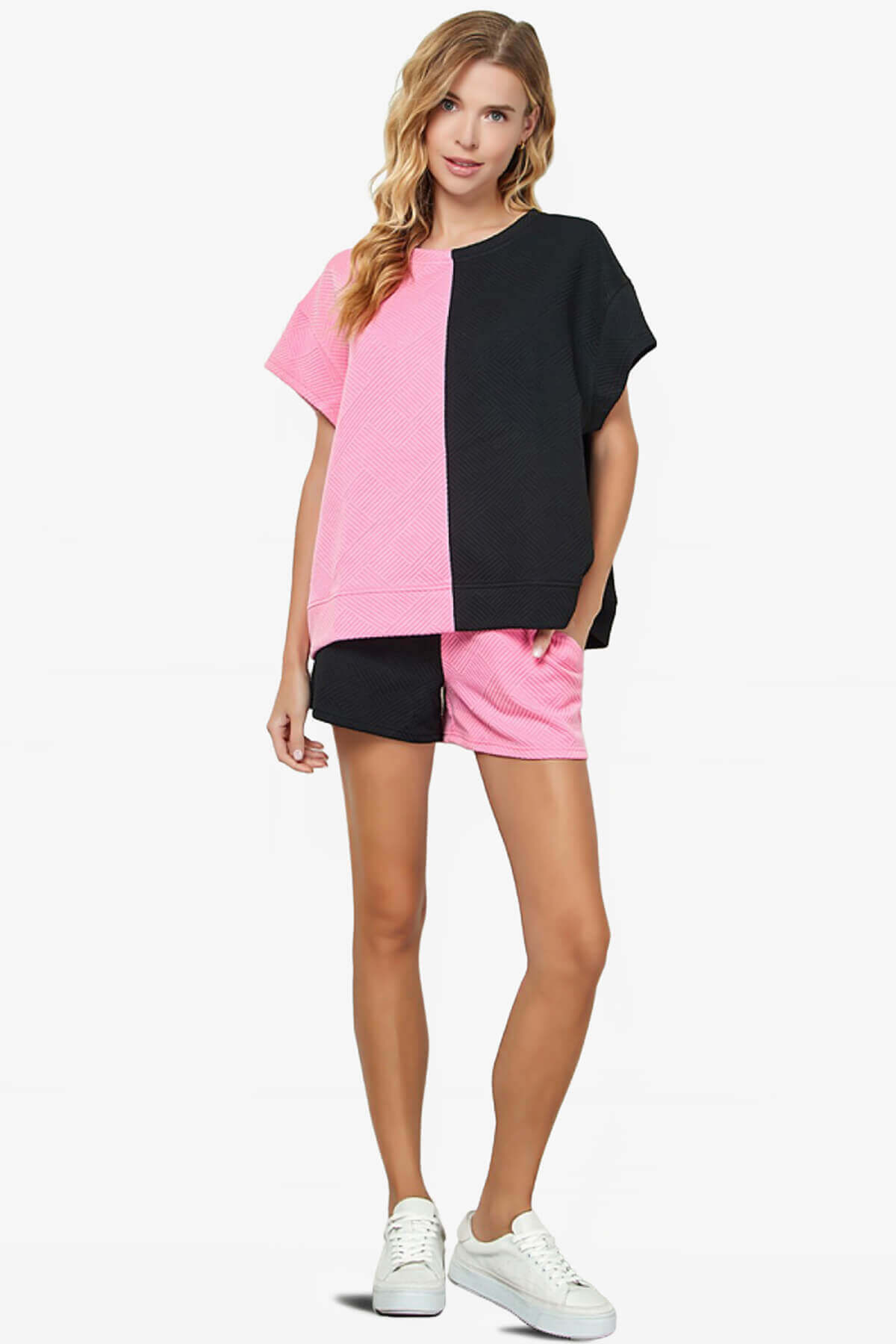 Lassy Textured Colorblock Short Sleeve Top BLACK AND PINK_5