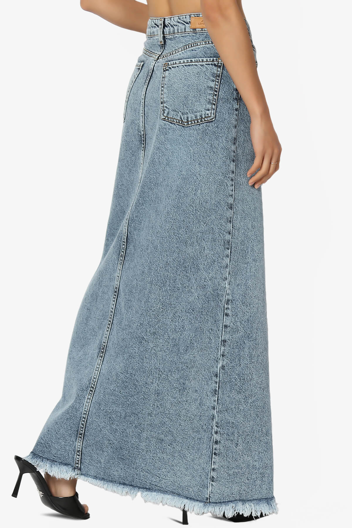 Lefon Front Slit Raw Hem Denim Maxi Skirt