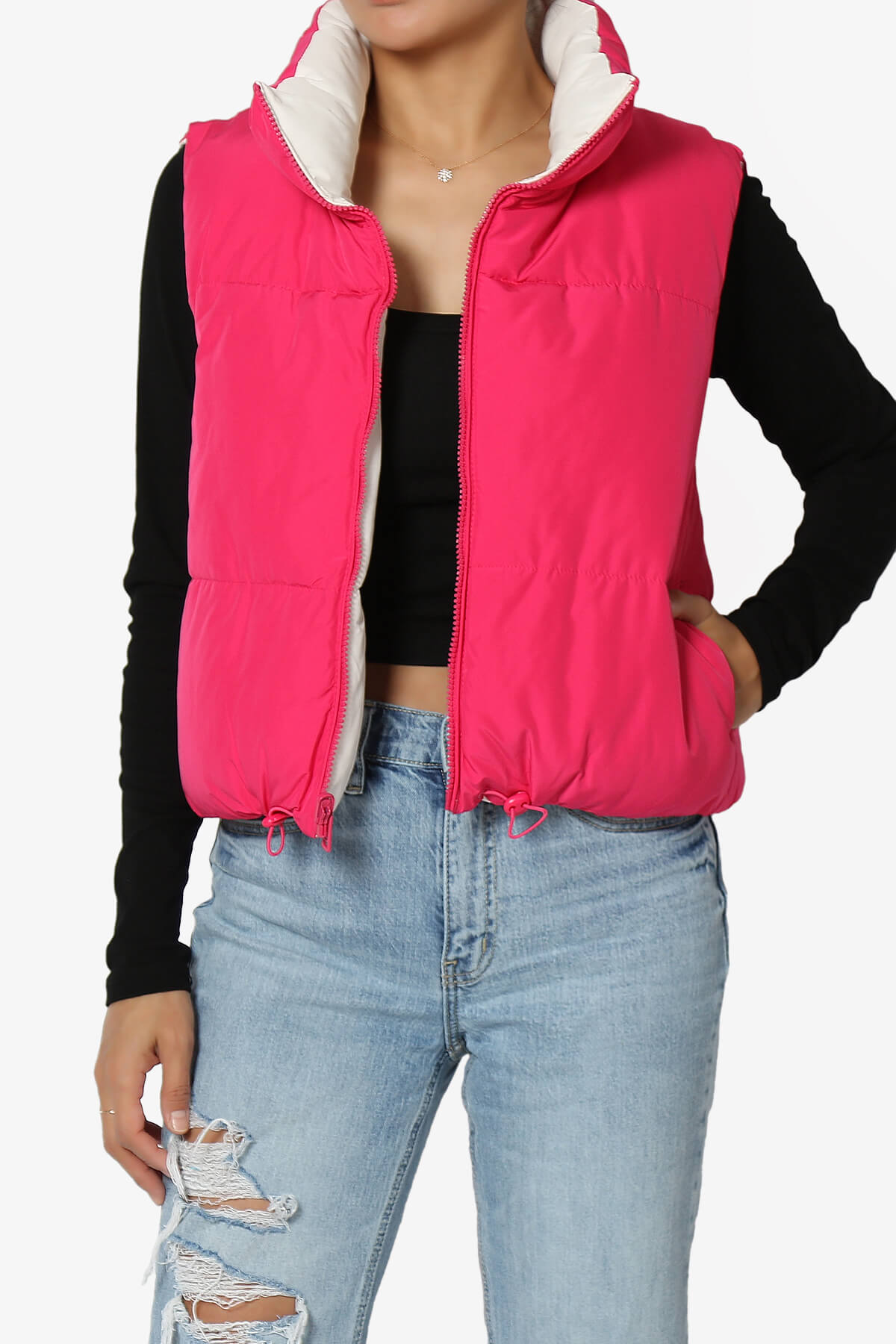 Legaci Reversible Puffer Vest FUCHSIA AND IVORY_1