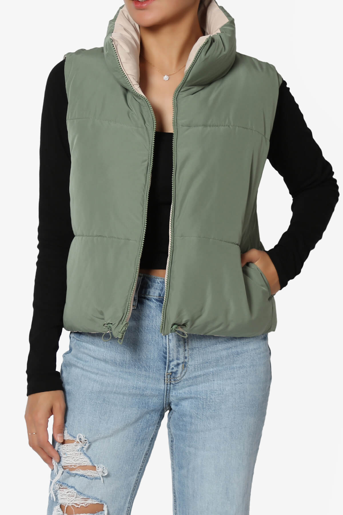 Legaci Reversible Puffer Vest OLIVE AND BEIGE_1