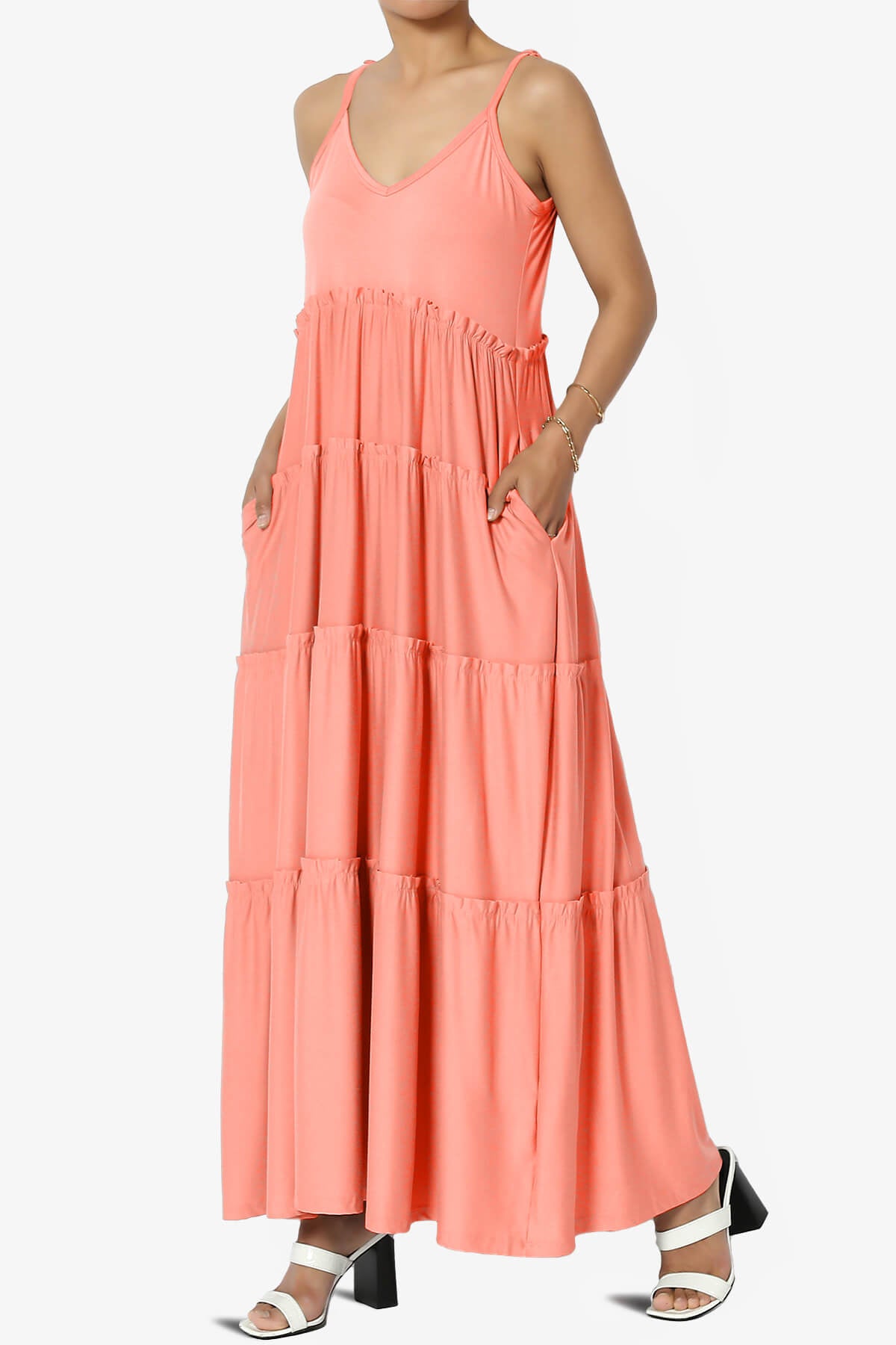 Livvy V-Neck Tiered Cami Maxi Dress CORAL_3