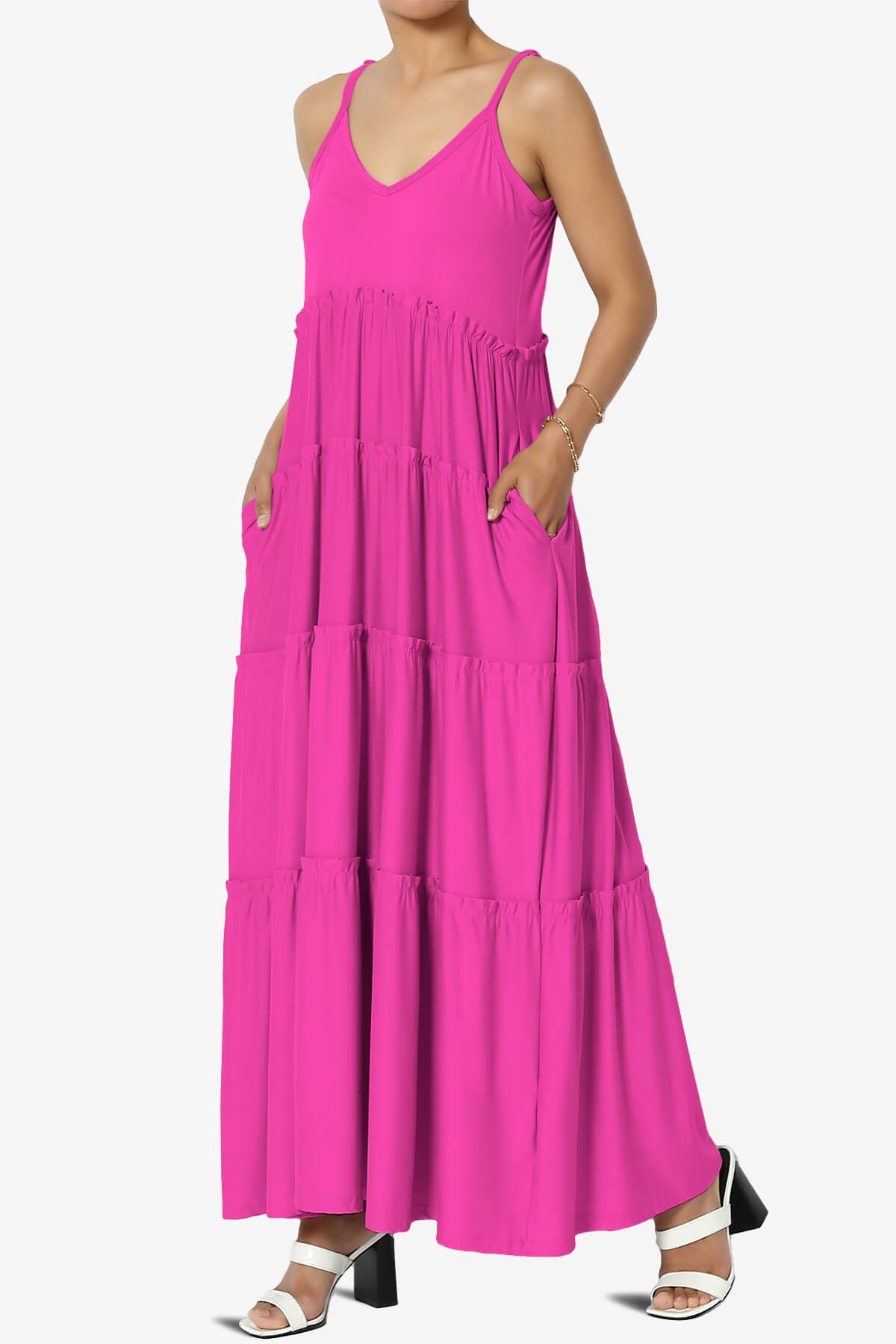 Livvy V-Neck Tiered Cami Maxi Dress NEON HOT PINK_3