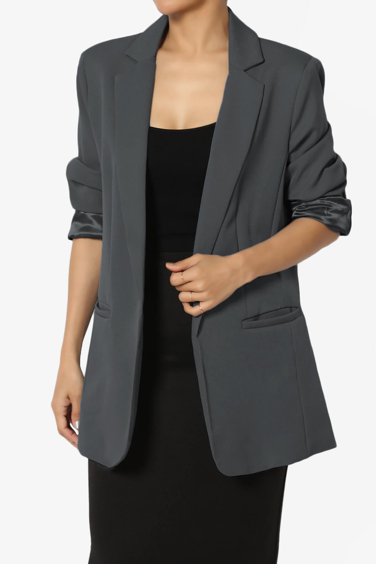 Malory Cuffed Sleeve Open Front Blazer ASH GREY_1