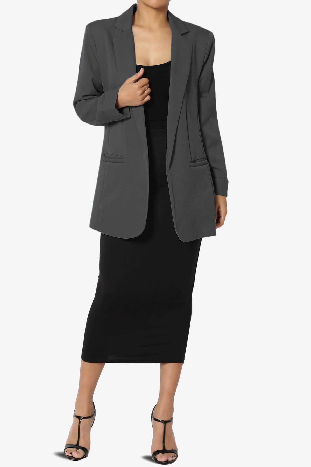 Malory Cuffed Sleeve Open Front Blazer ASH GREY_6