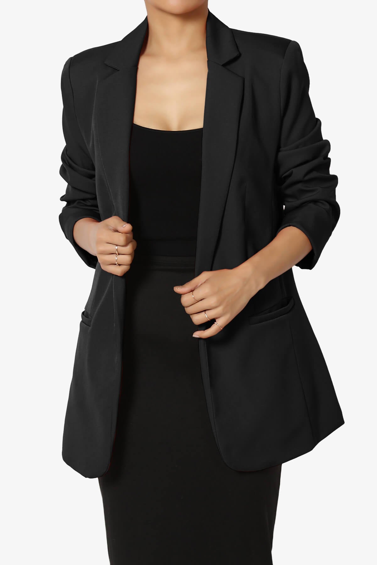 Malory Cuffed Sleeve Open Front Blazer BLACK_1