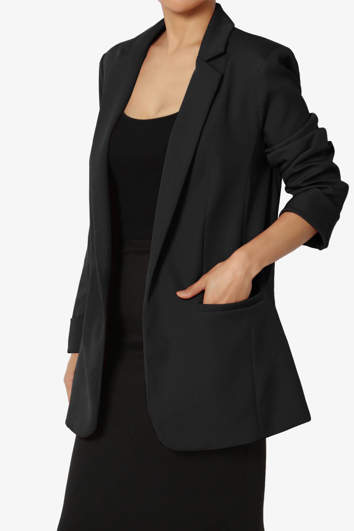 Malory Cuffed Sleeve Open Front Blazer BLACK_3