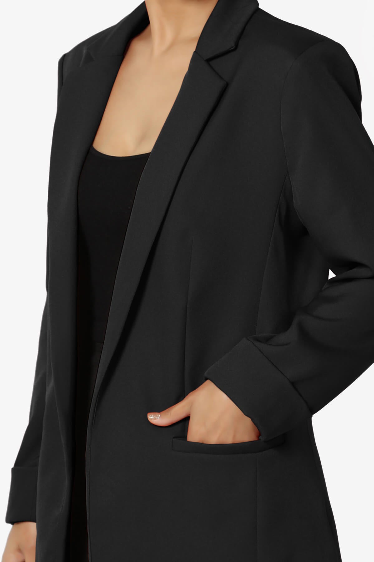 Malory Cuffed Sleeve Open Front Blazer BLACK_5