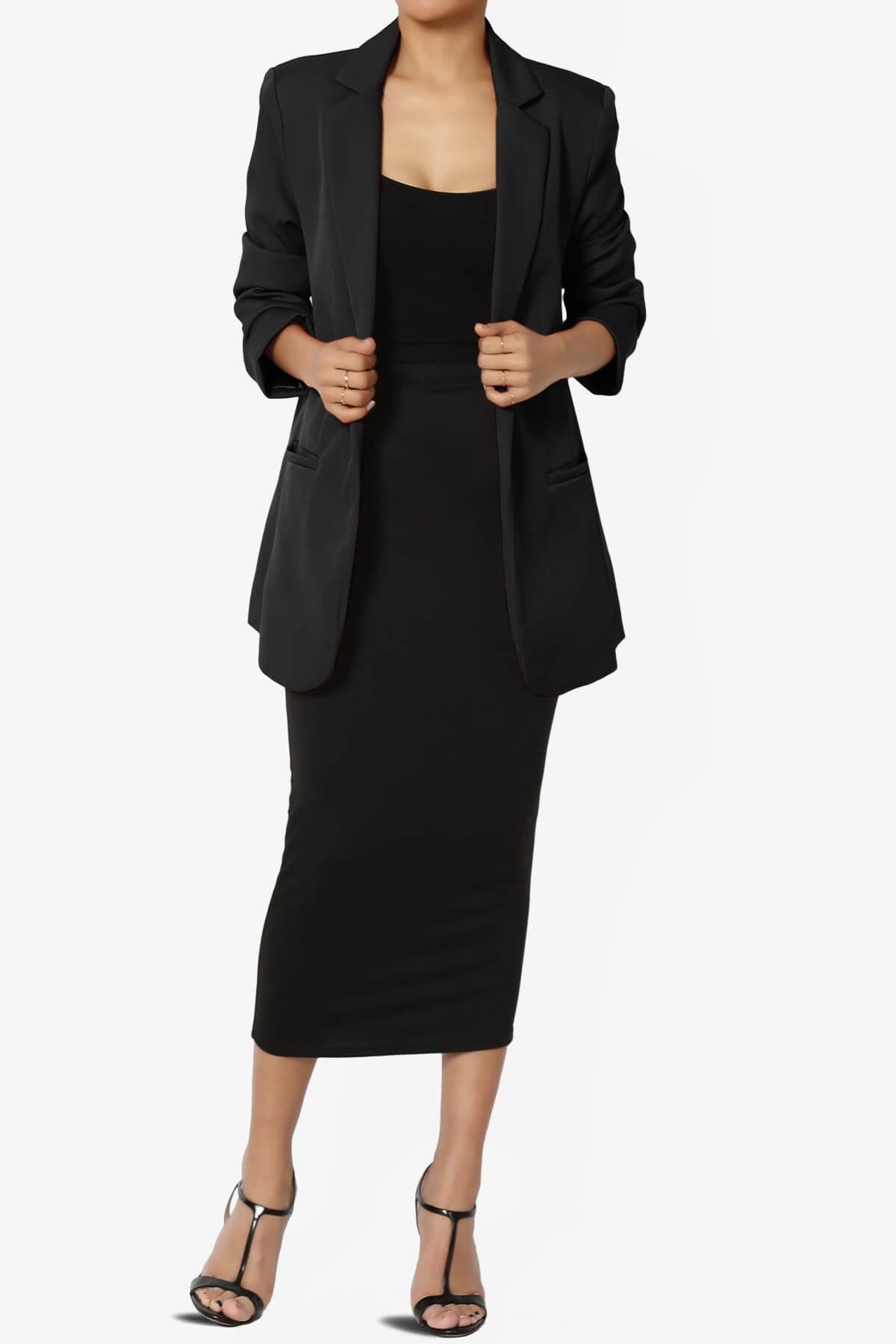 Malory Cuffed Sleeve Open Front Blazer BLACK_6