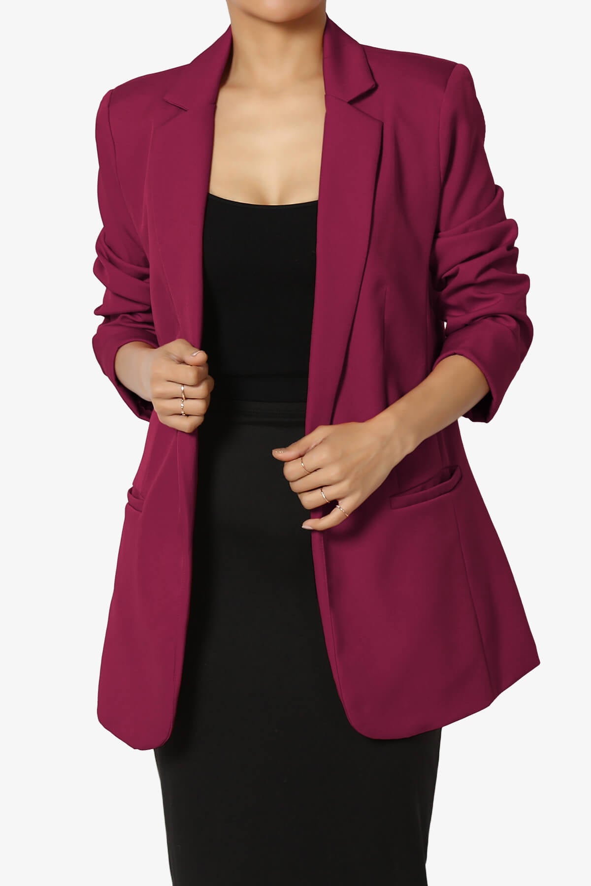 Malory Cuffed Sleeve Open Front Blazer BURGUNDY_1
