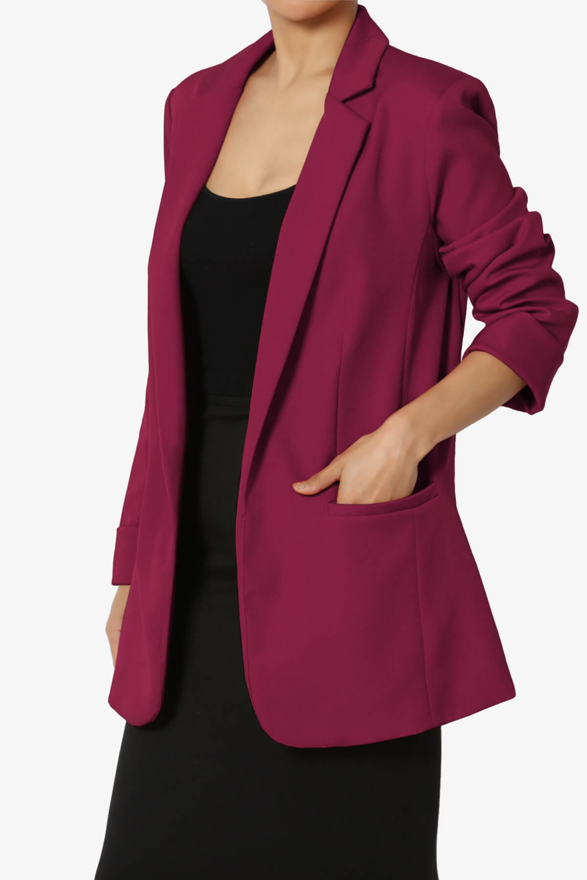 Malory Cuffed Sleeve Open Front Blazer BURGUNDY_3