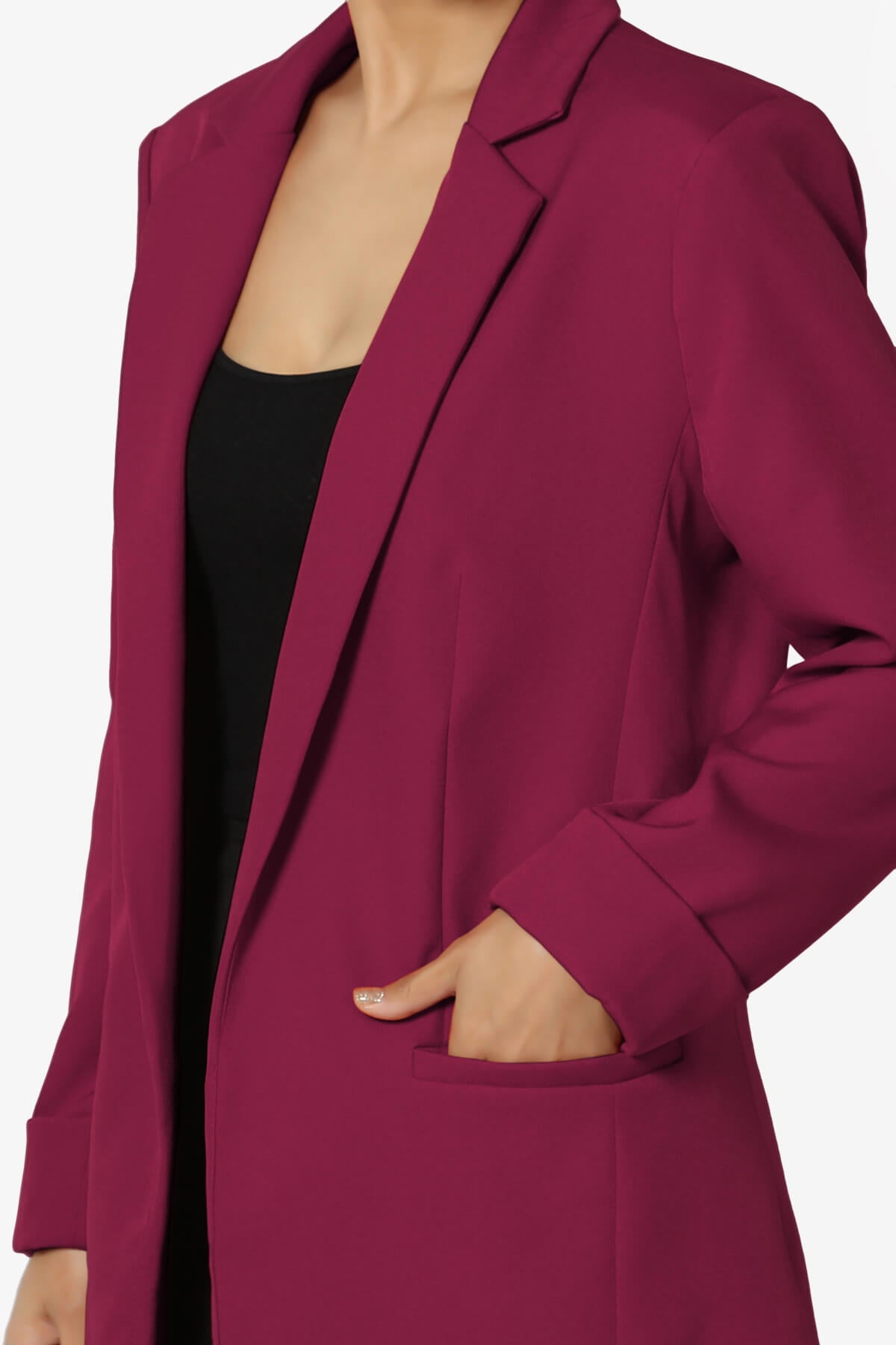 Malory Cuffed Sleeve Open Front Blazer BURGUNDY_5