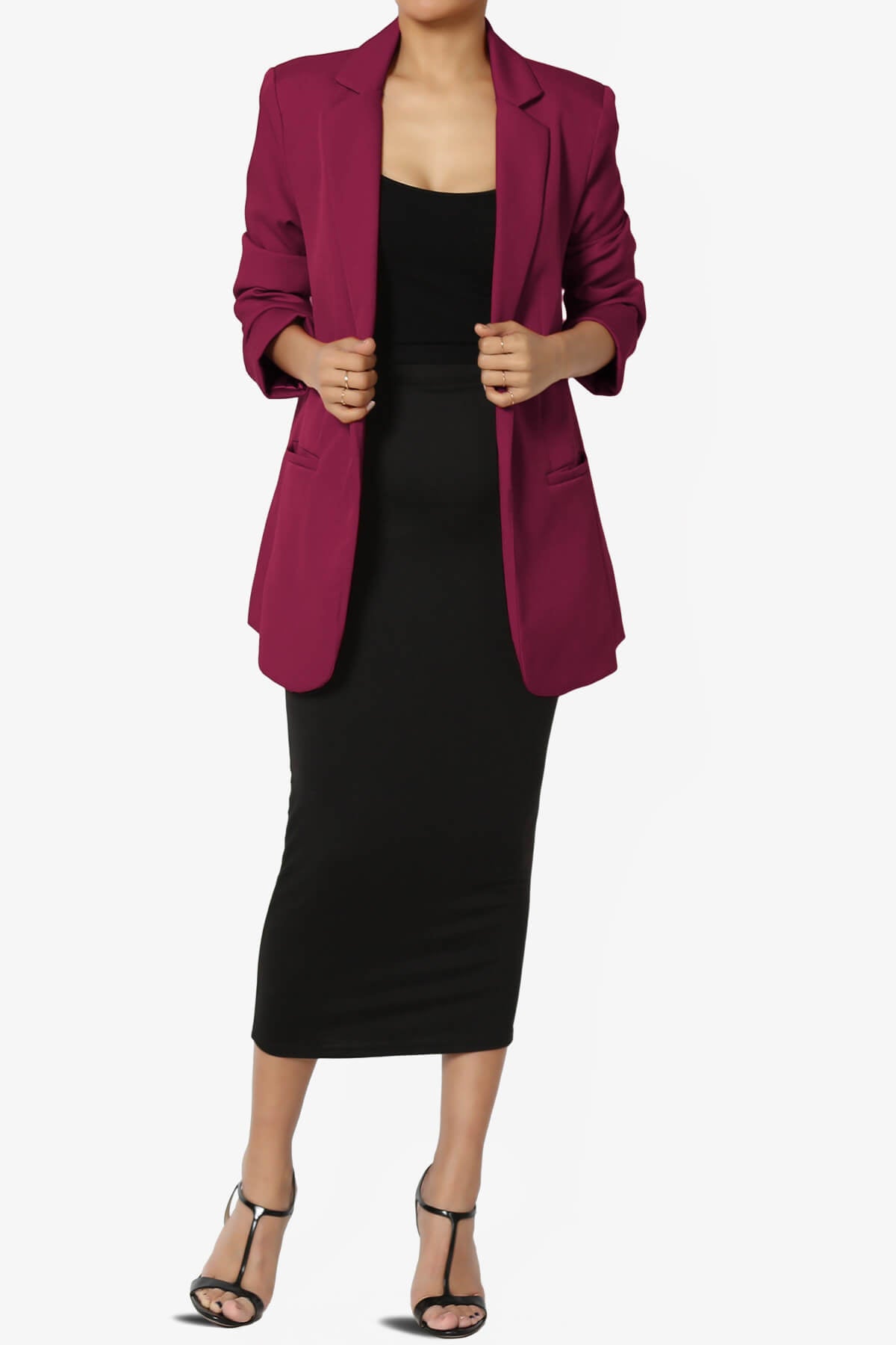 Malory Cuffed Sleeve Open Front Blazer BURGUNDY_6